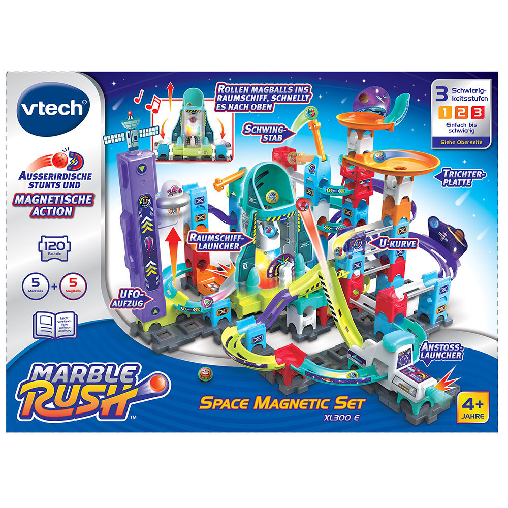 VTech Marble Rush Spielzeugset mit komplexer Bahn, Rampen und Werfer, für Kinder konzipiert.