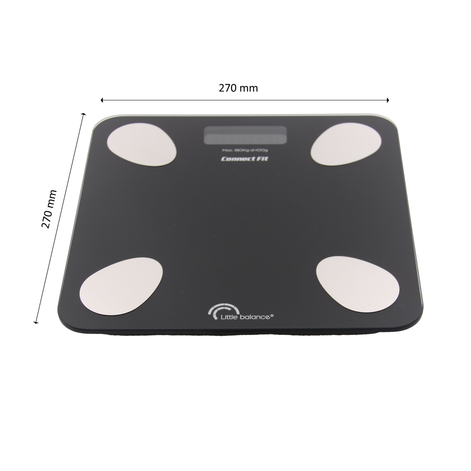 Czarna waga cyfrowa z białymi podkładkami. Wymiary: 270 mm x 270 mm. Tekst: Connect Fit.