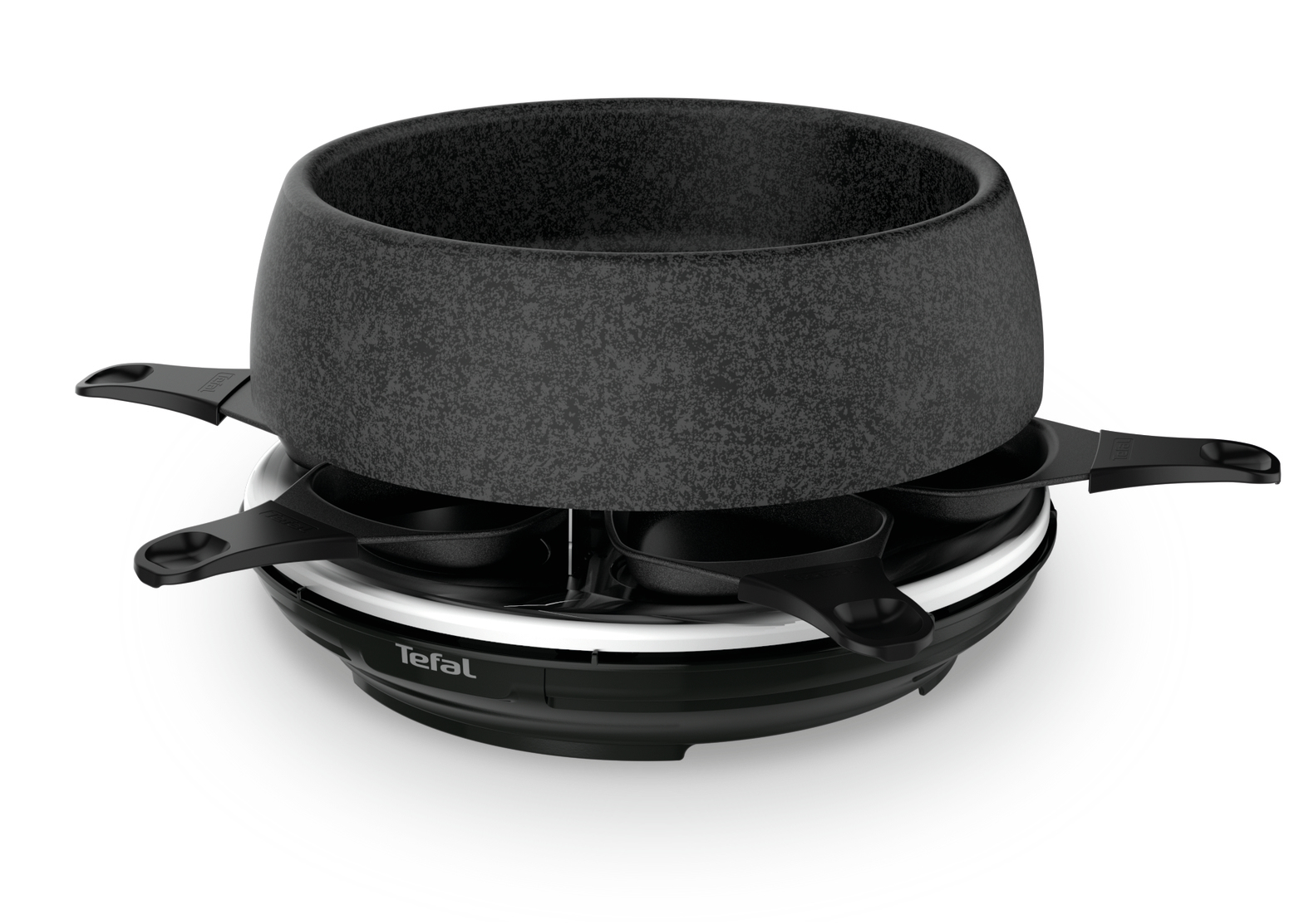 Czarny grill do raclette z czterema małymi patelniami i dużą, okrągłą górą do gotowania.