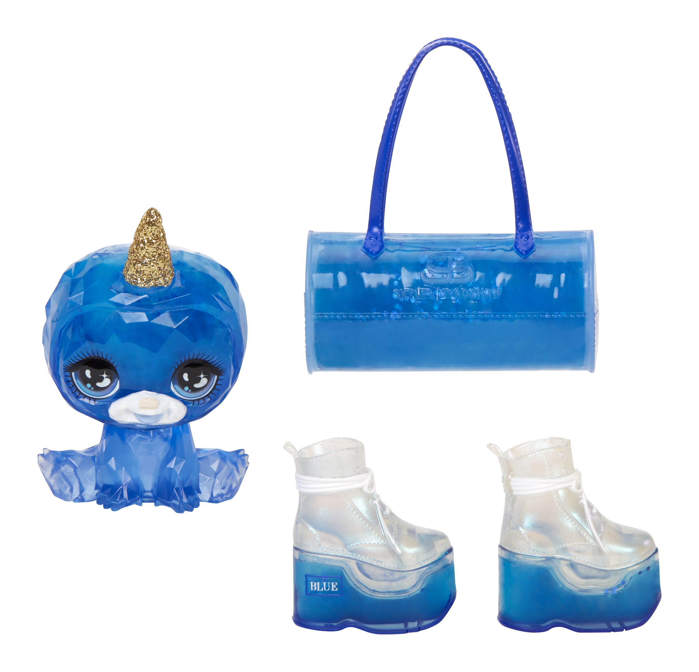 Niebieskie zabawki i akcesoria: narwal, torba i dwie pary butów.