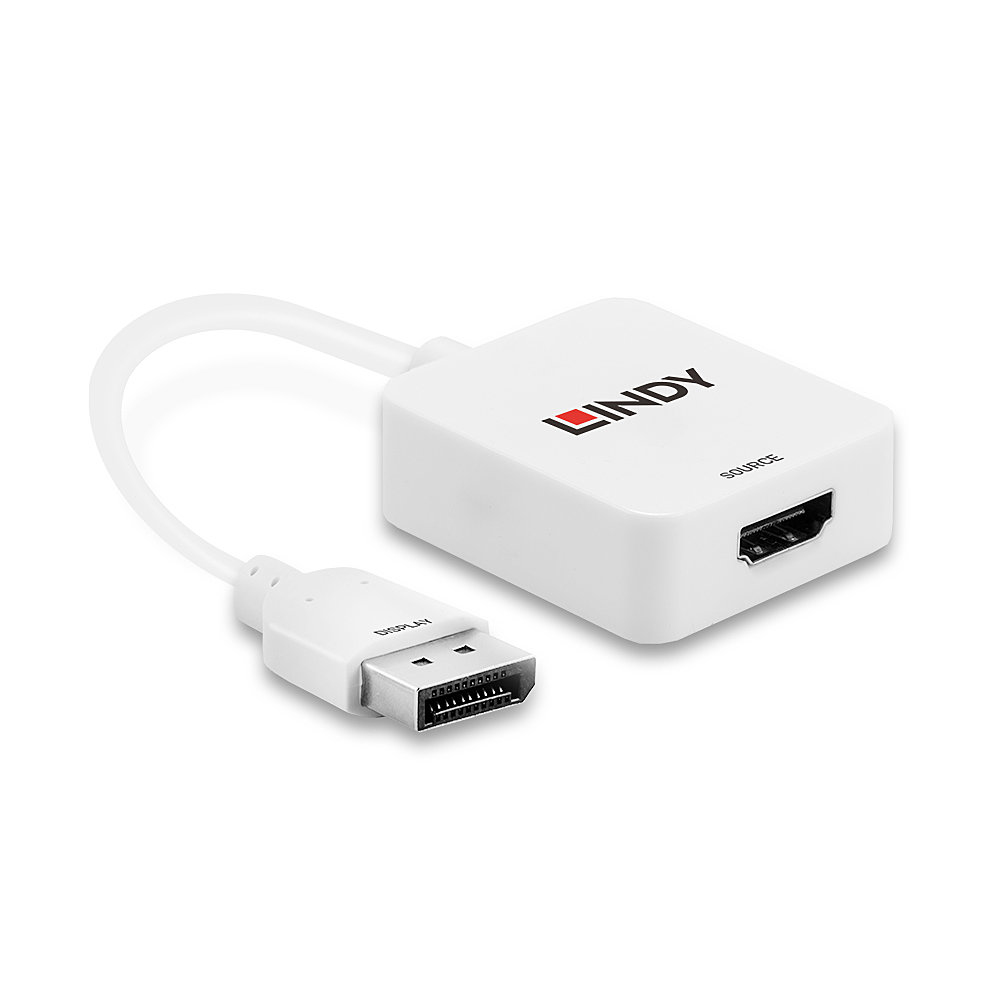 Weißer und schwarzer LINDY-Adapter, HDMI zu DisplayPort, auf weißem Grund.