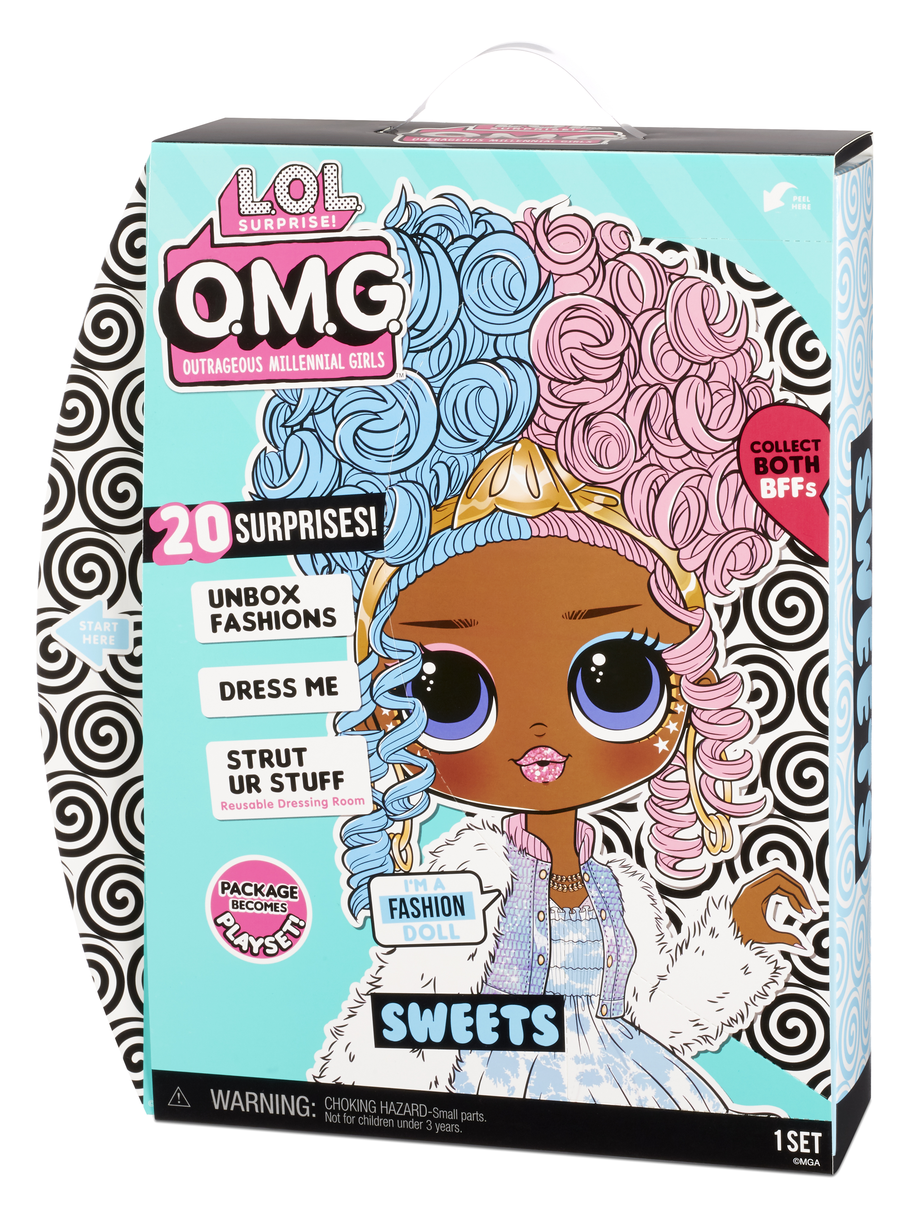 Boxart für eine LOL OMG-Puppe. Zeigt ein schwarzes Mädchen mit blauem und rosa Haar und dem Text 'Sweets'.
