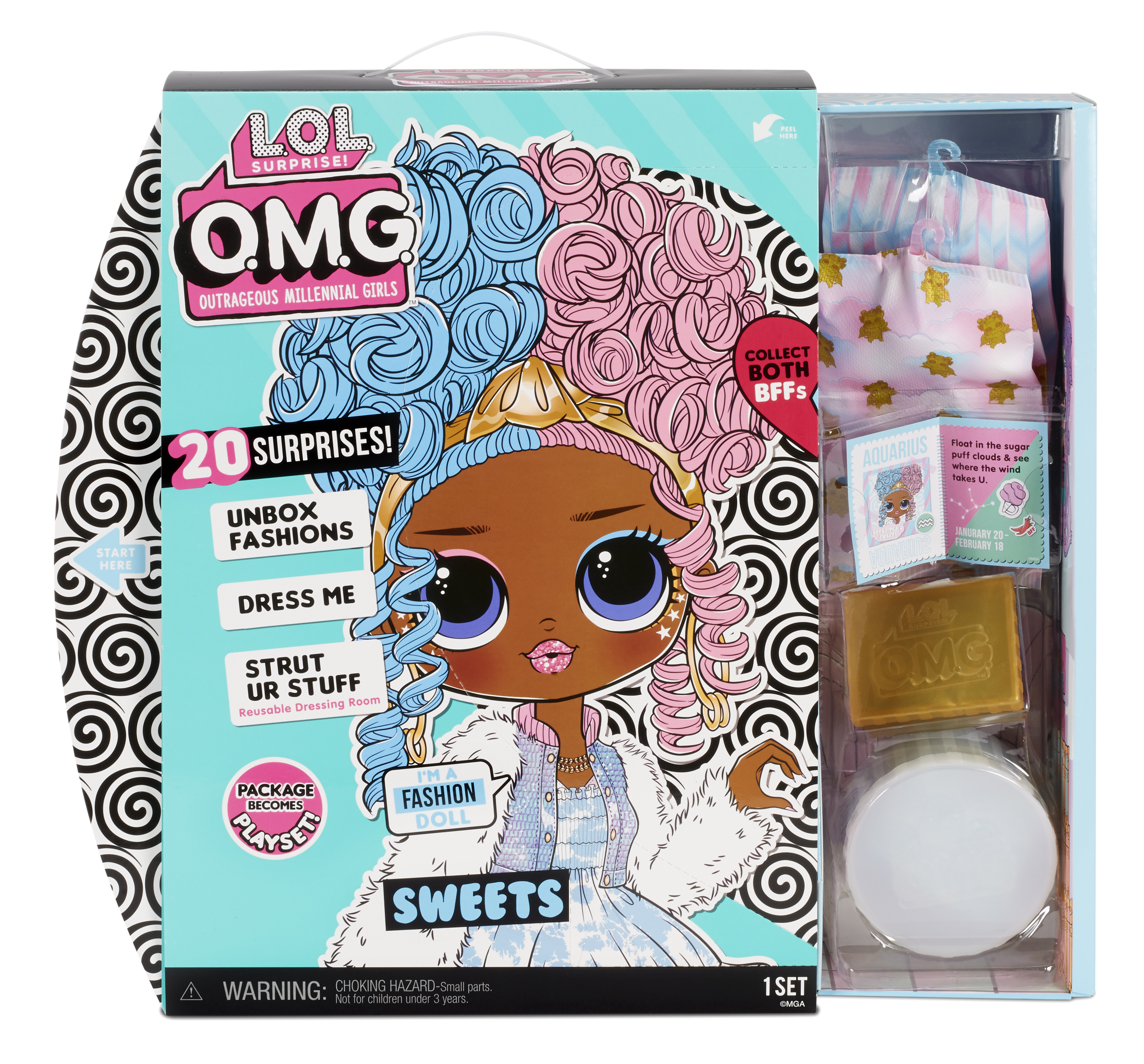 L.O.L. Surprise Puppen-Set. Die Box zeigt eine Puppe mit blauem und rosa Haar. 20 Überraschungen.