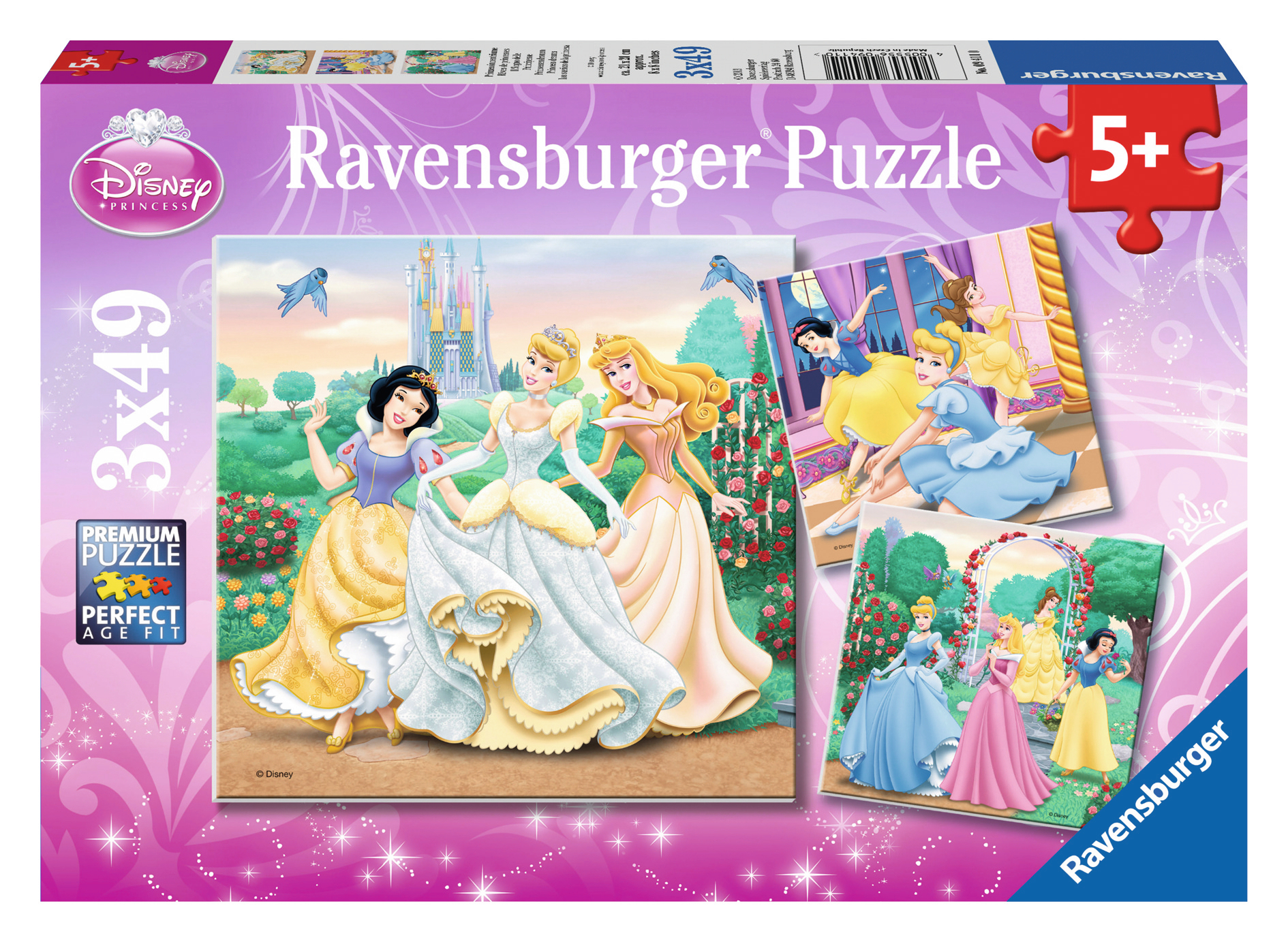 Pudełko puzzli Ravensburger Disney Princess z wieloma zdjęciami księżniczek i wyświetlanymi elementami puzzli.