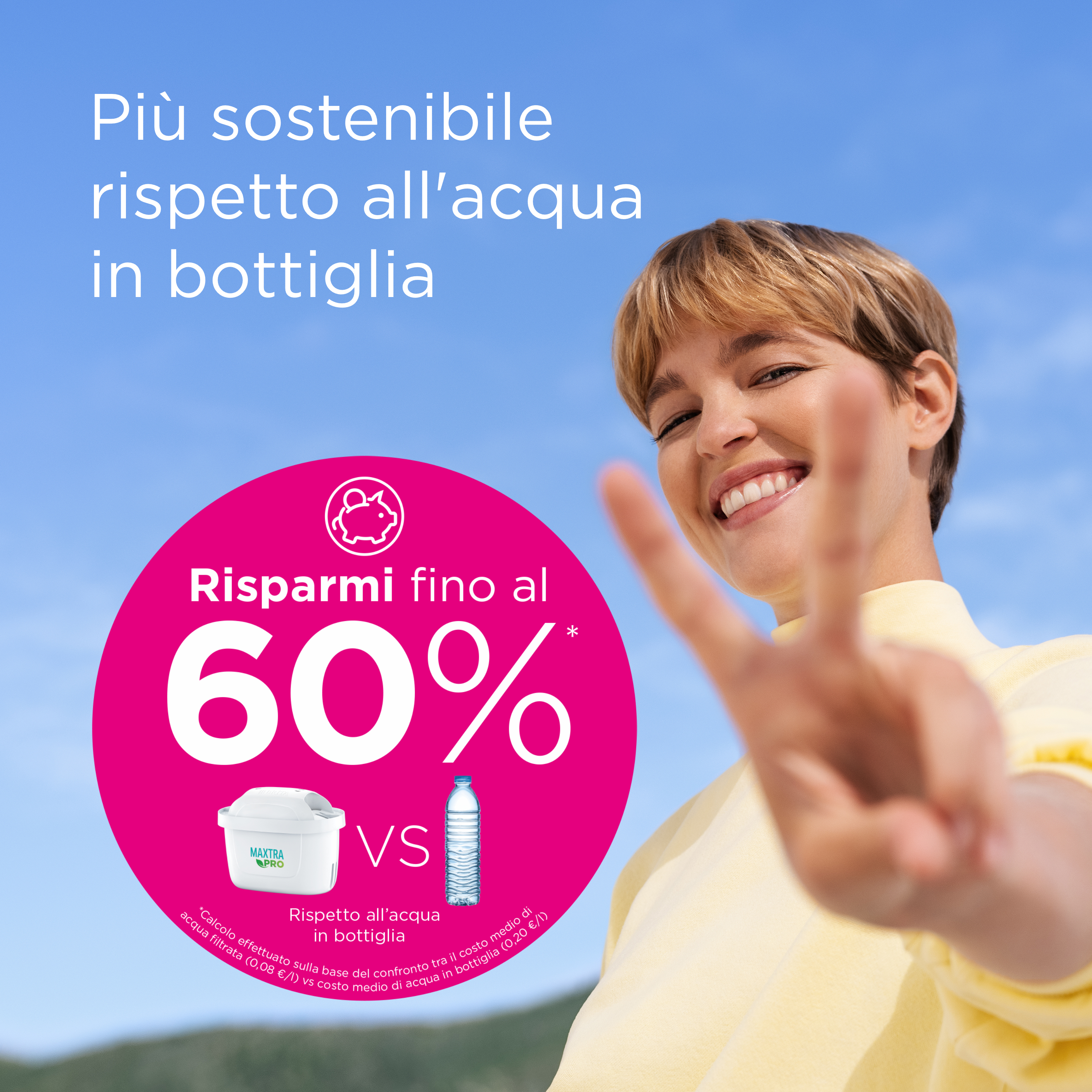 Uśmiechnięta kobieta z znakiem pokoju. Tekst z informacjami o oszczędnościach i filtrze do wody.