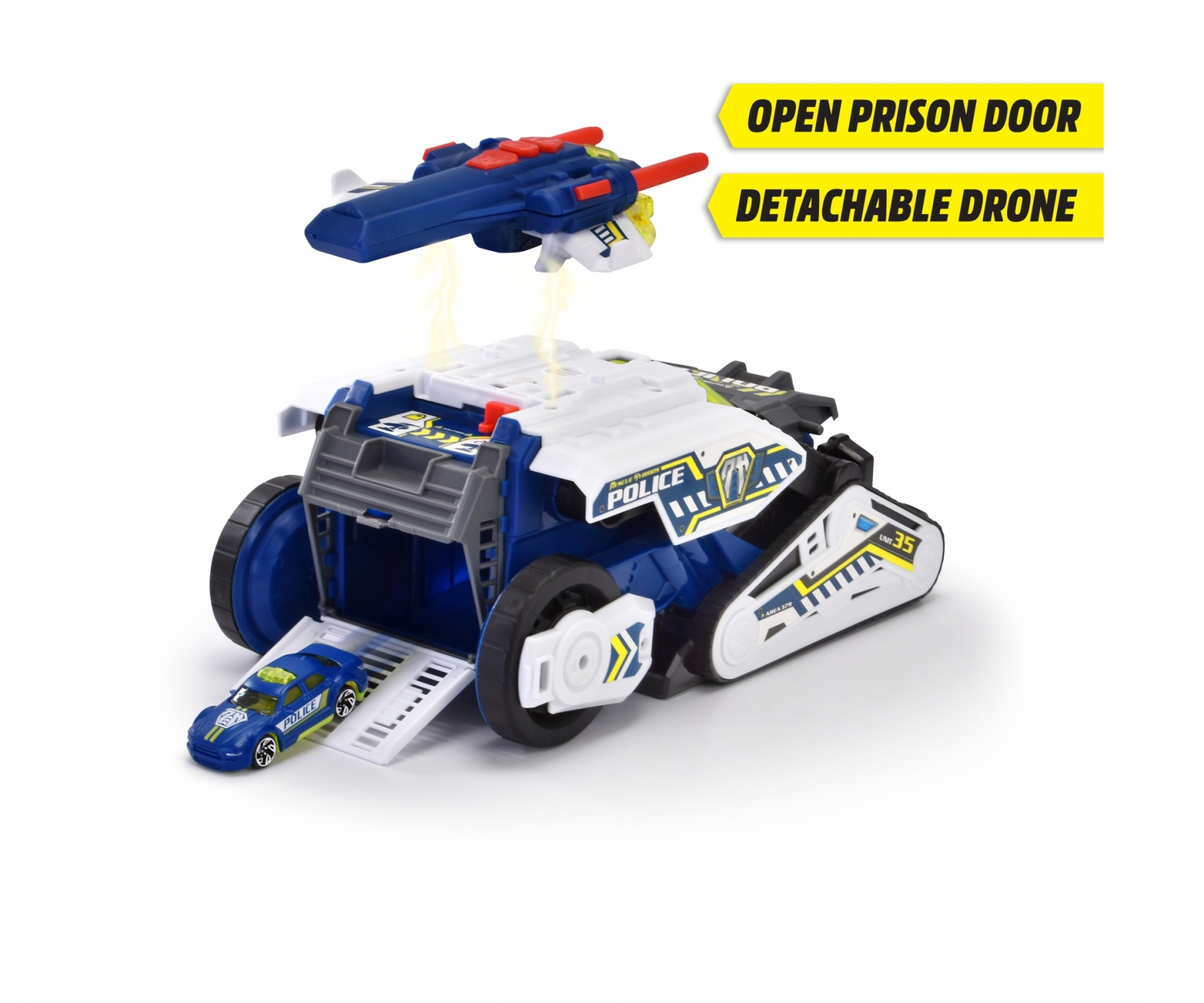 Ein blau-weißer Polizei-Spielzeug-Truck mit abnehmbarer Drohne und einem kleinen Auto.