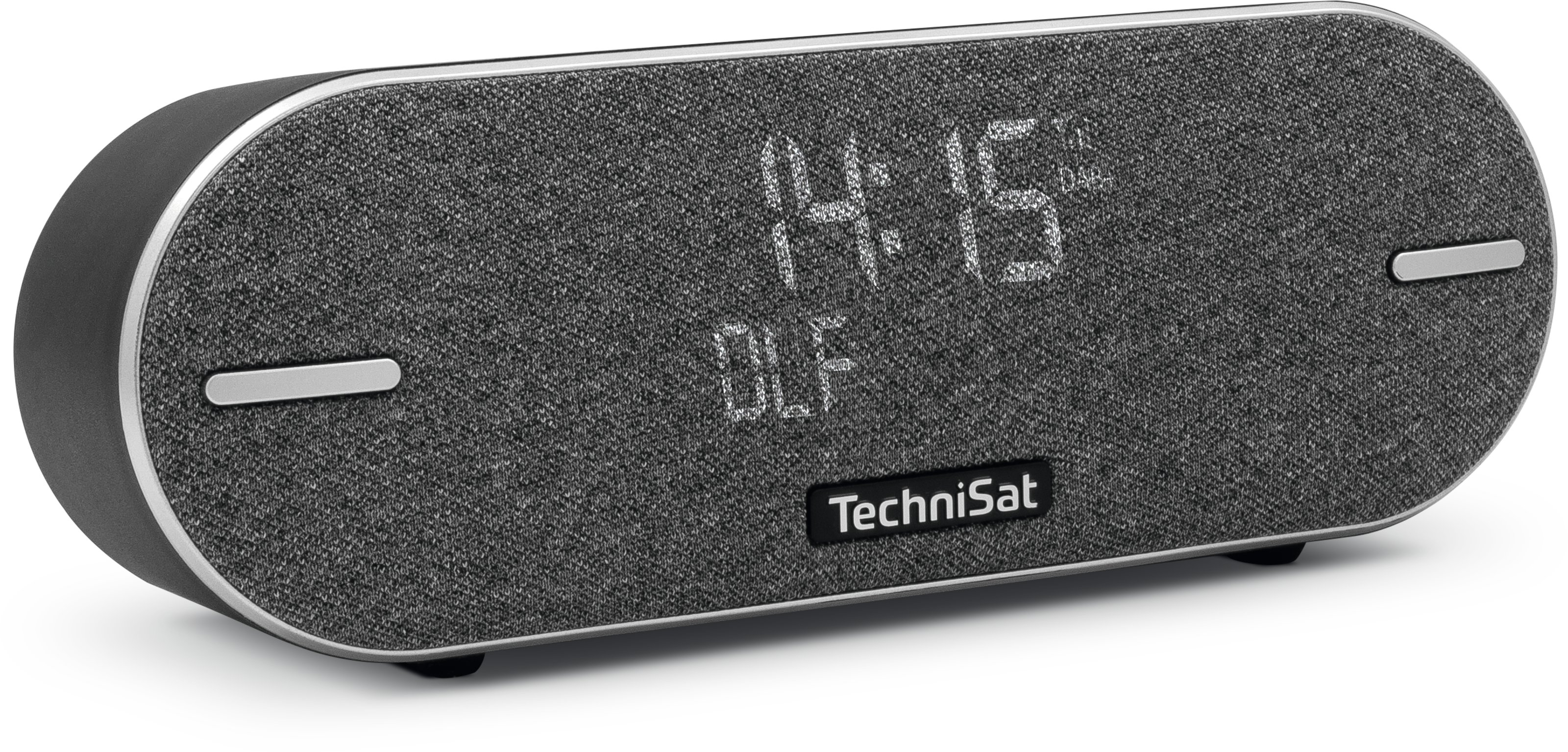 Eine graue digitale TechniSat-Uhr zeigt die Uhrzeit 14:15. Sie hat eine stoffartige Textur und silberne Akzente.