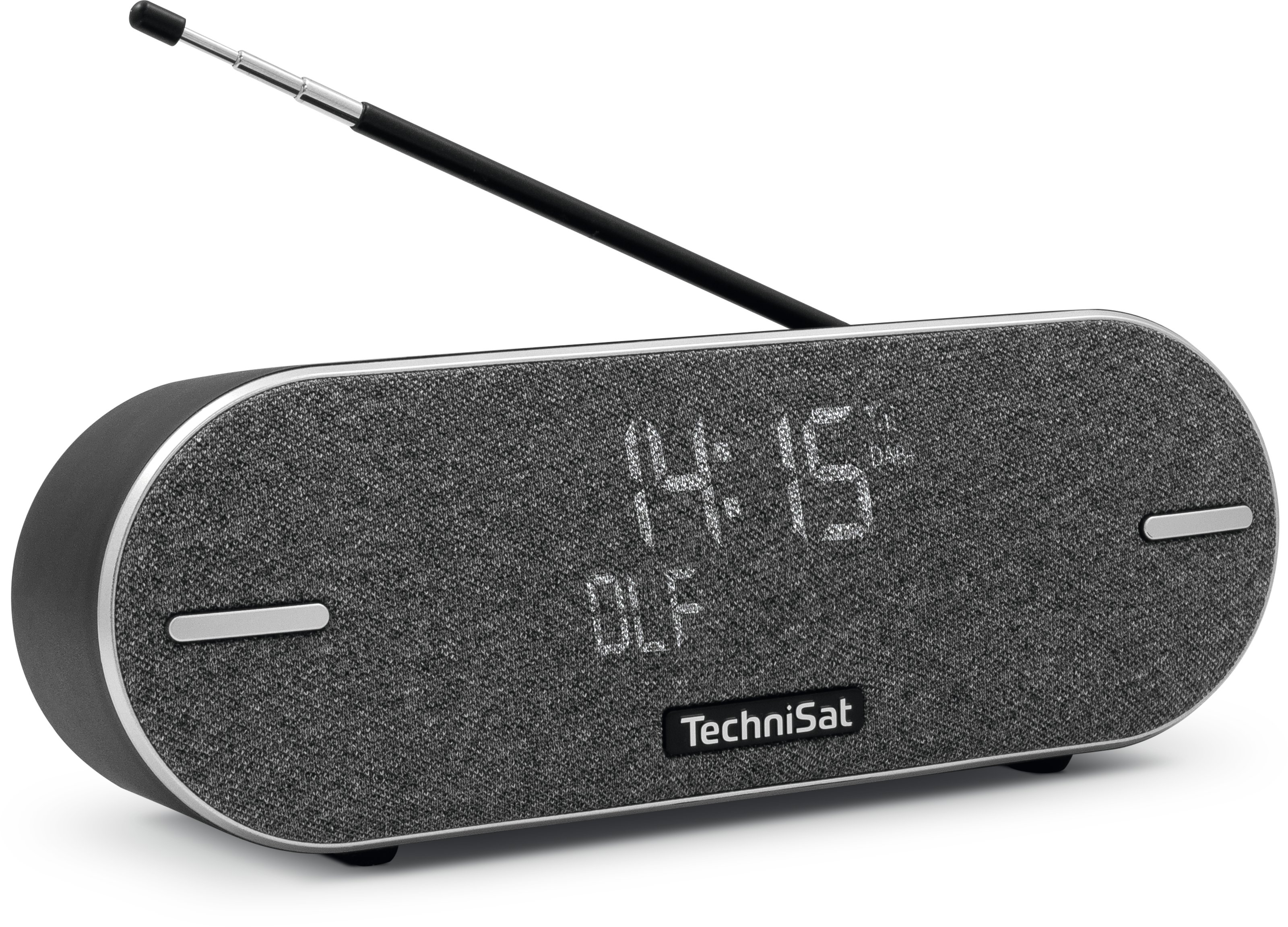 Ein grauer TechniSat-Radiowecker mit Anzeige 14:15 und einer langen Antenne.