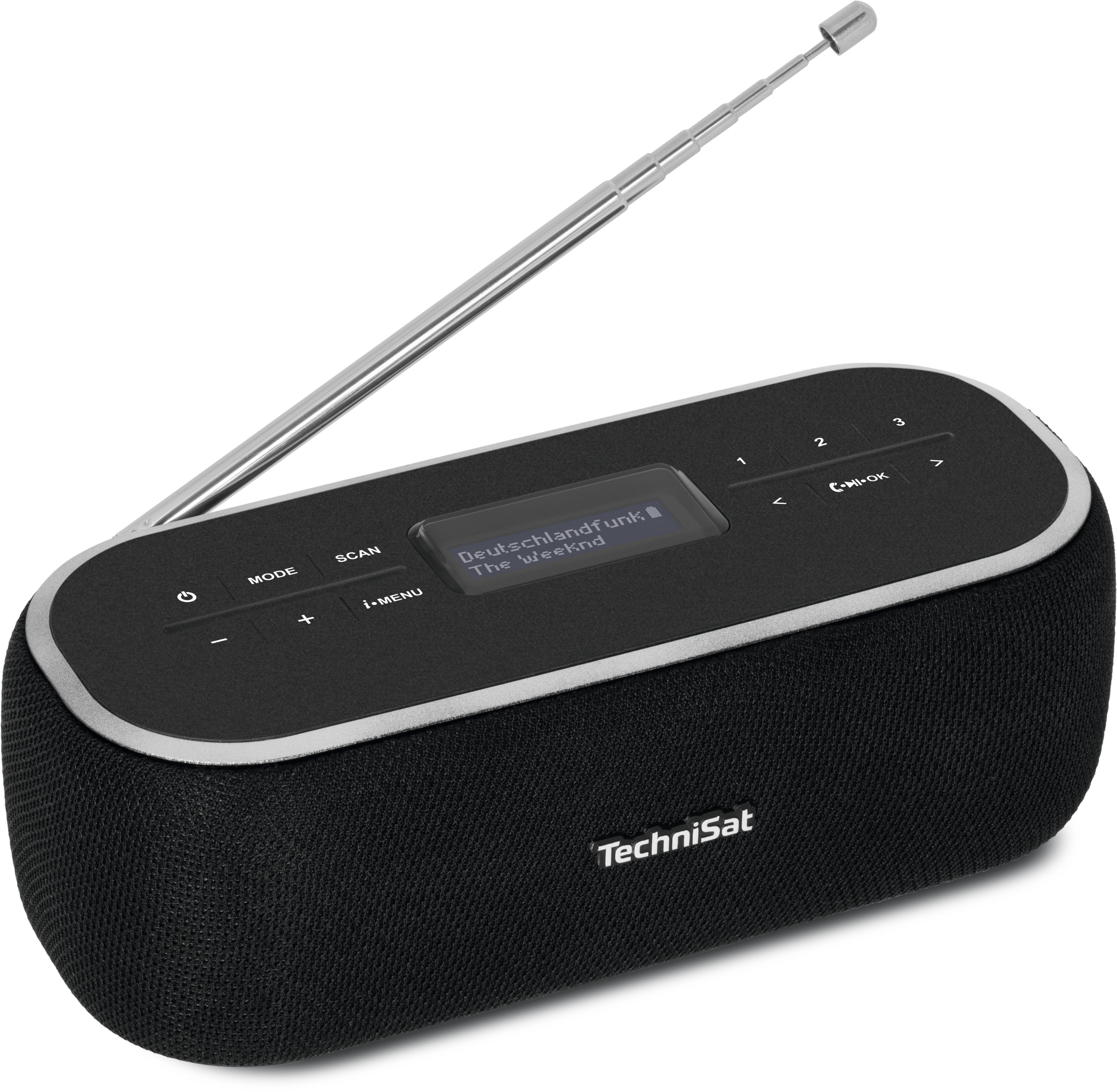Black and silver portable radio with an antenna and a small display.