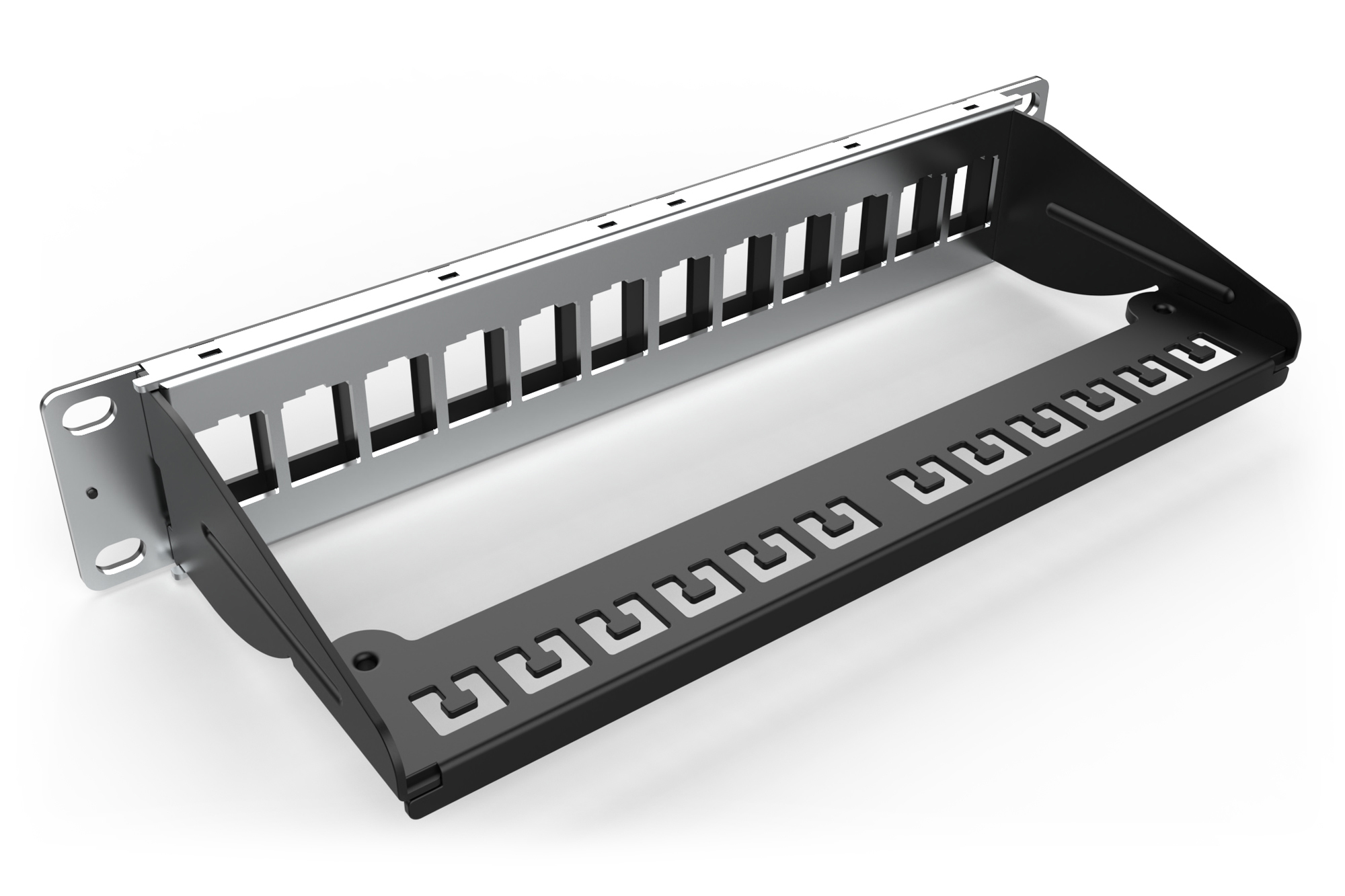 Ein schwarzes und silbernes Rack-Mount für Netzwerkkabel auf weißem Hintergrund.