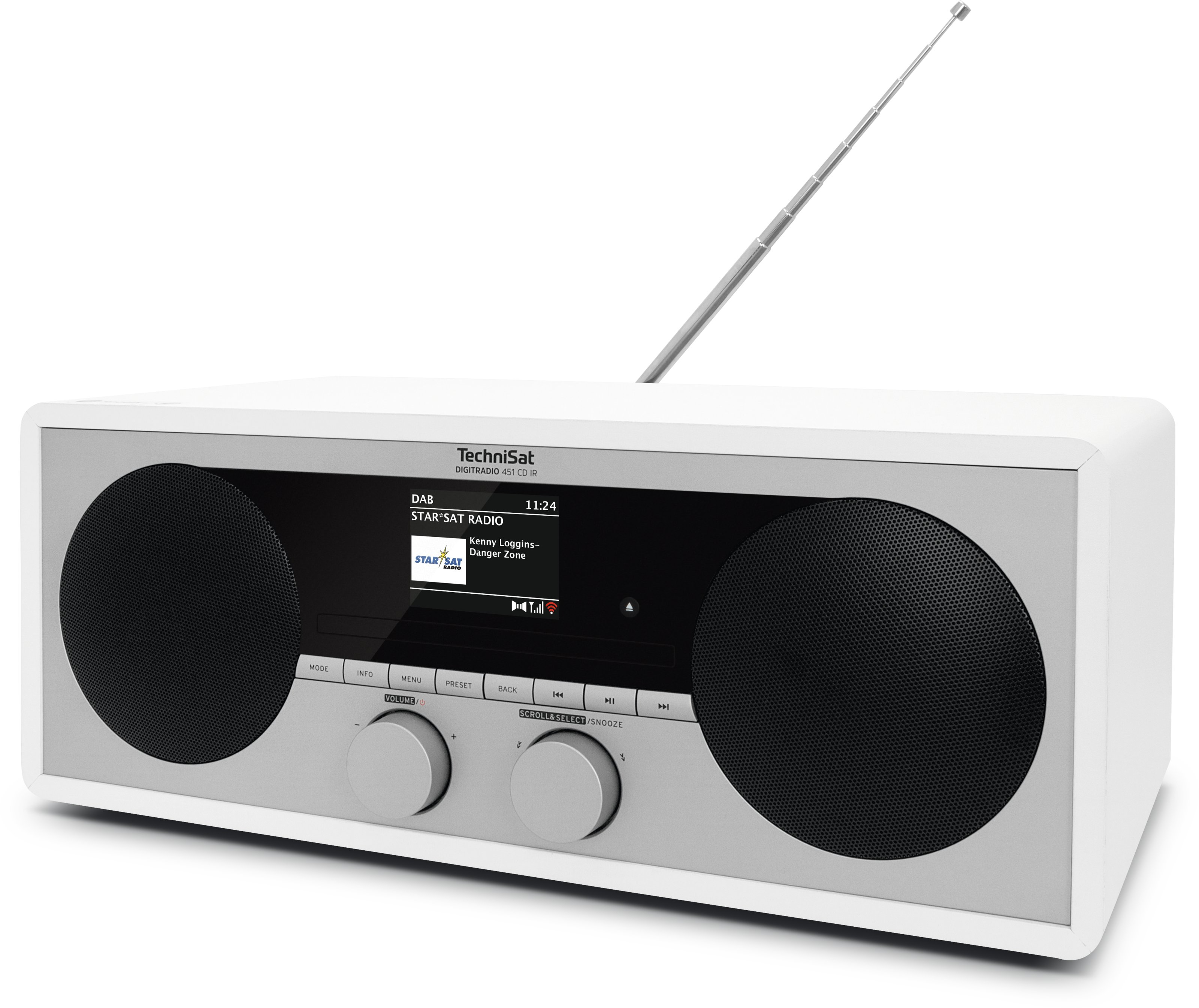 Radio TechniSat bianca con due altoparlanti e un display, con antenna.