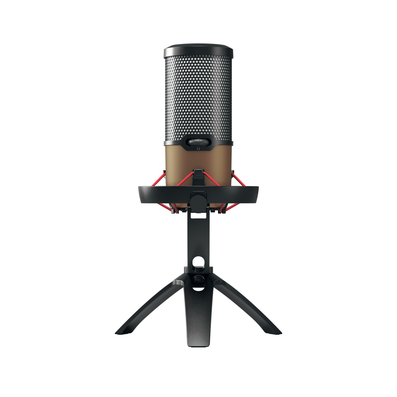 A black and gold microphone on a black stand with red support bands. The microphone has a mesh top.