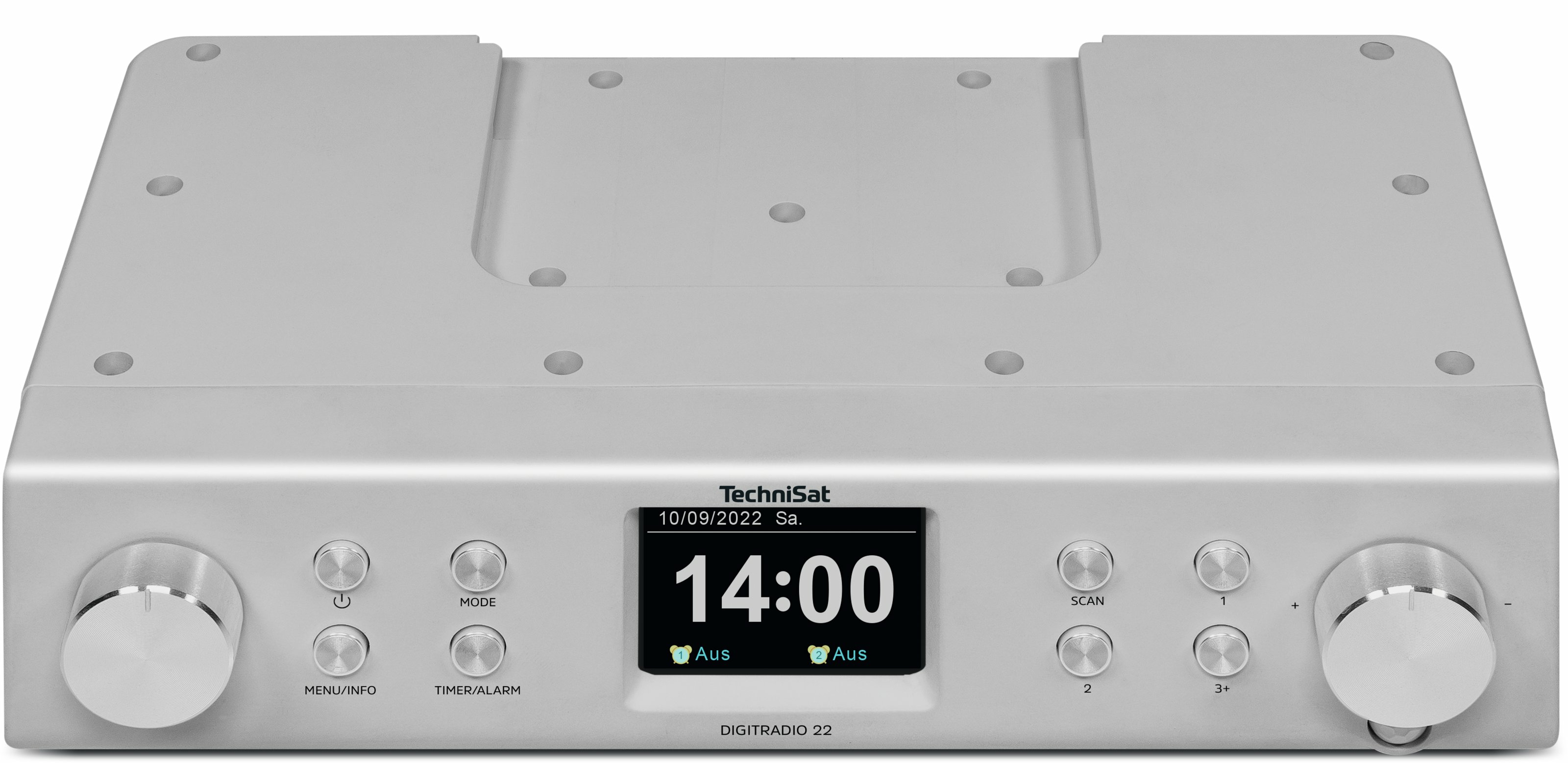 TechniSat Digiradio 22 argento. Presenta un display che mostra ora e data, pulsanti e manopole.