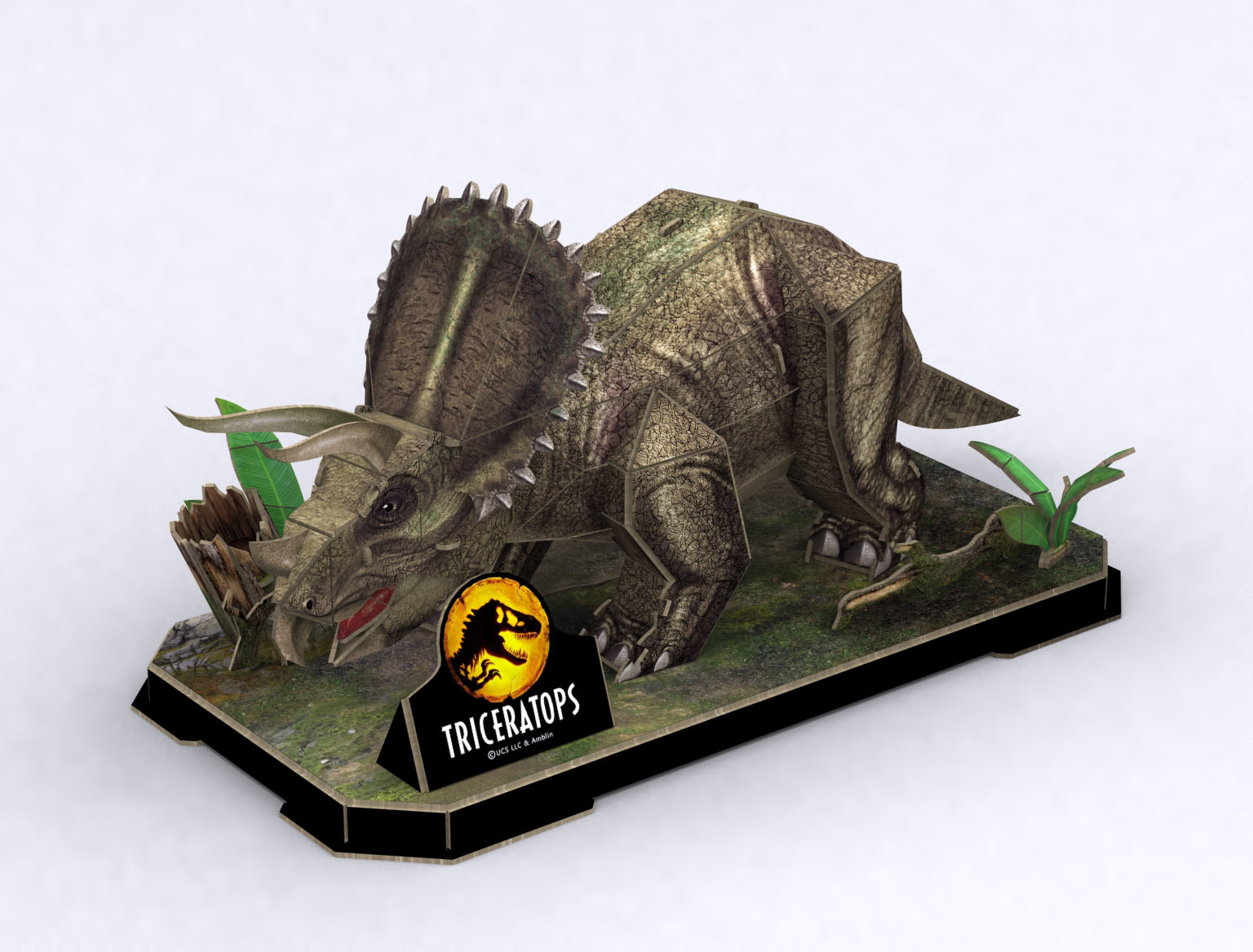 3D-model van een Triceratops-dinosaurus op een kleine basis met het Jurassic Park-logo.