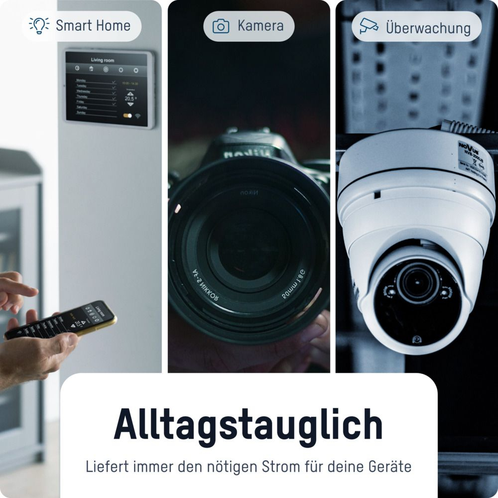 Drie afbeeldingen: Smart home bediening, cameralens en beveiligingscamera. Duitse tekst eronder.