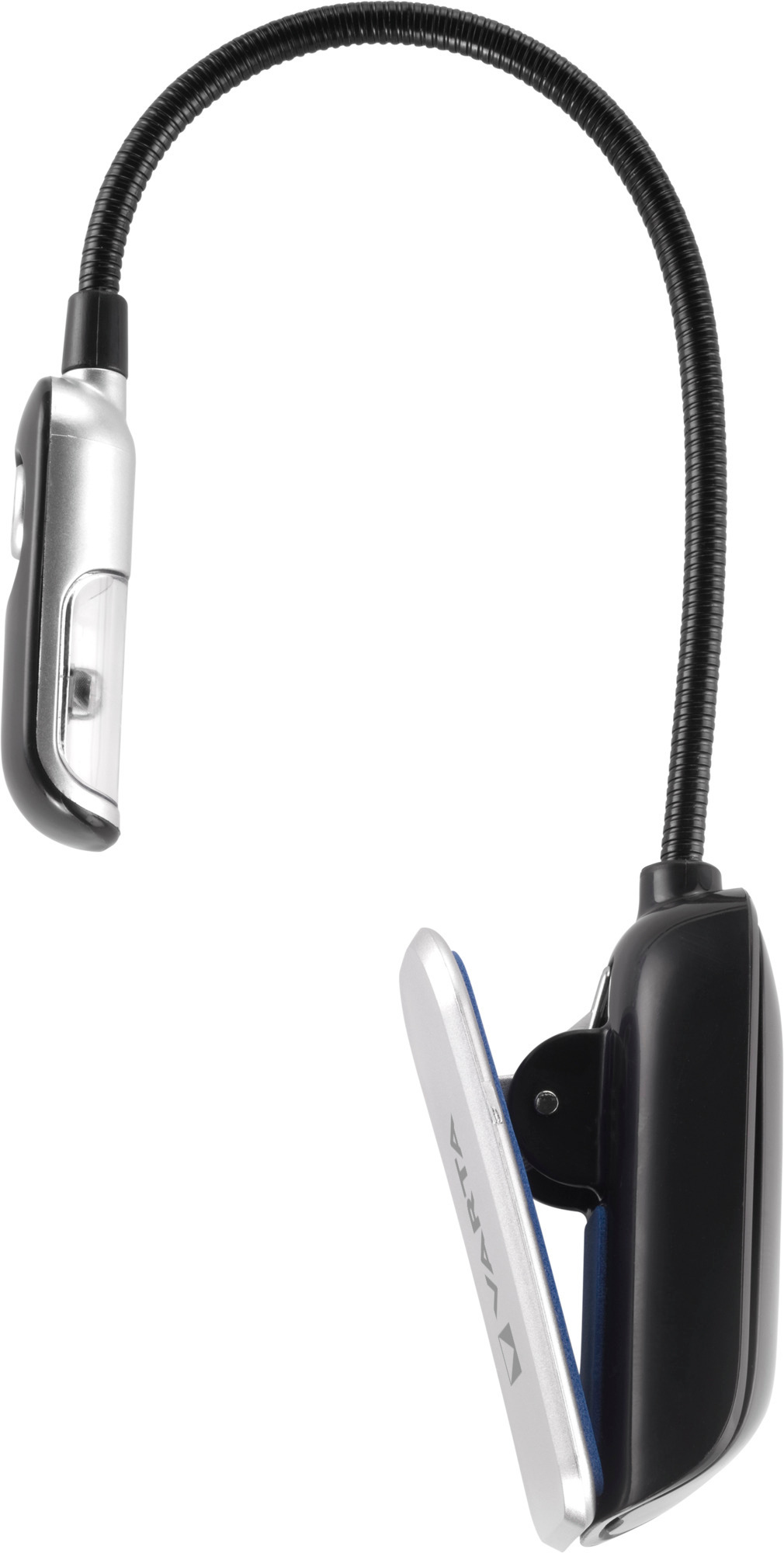 Una lampada da lettura Varta nera con collo flessibile e clip, su sfondo bianco.