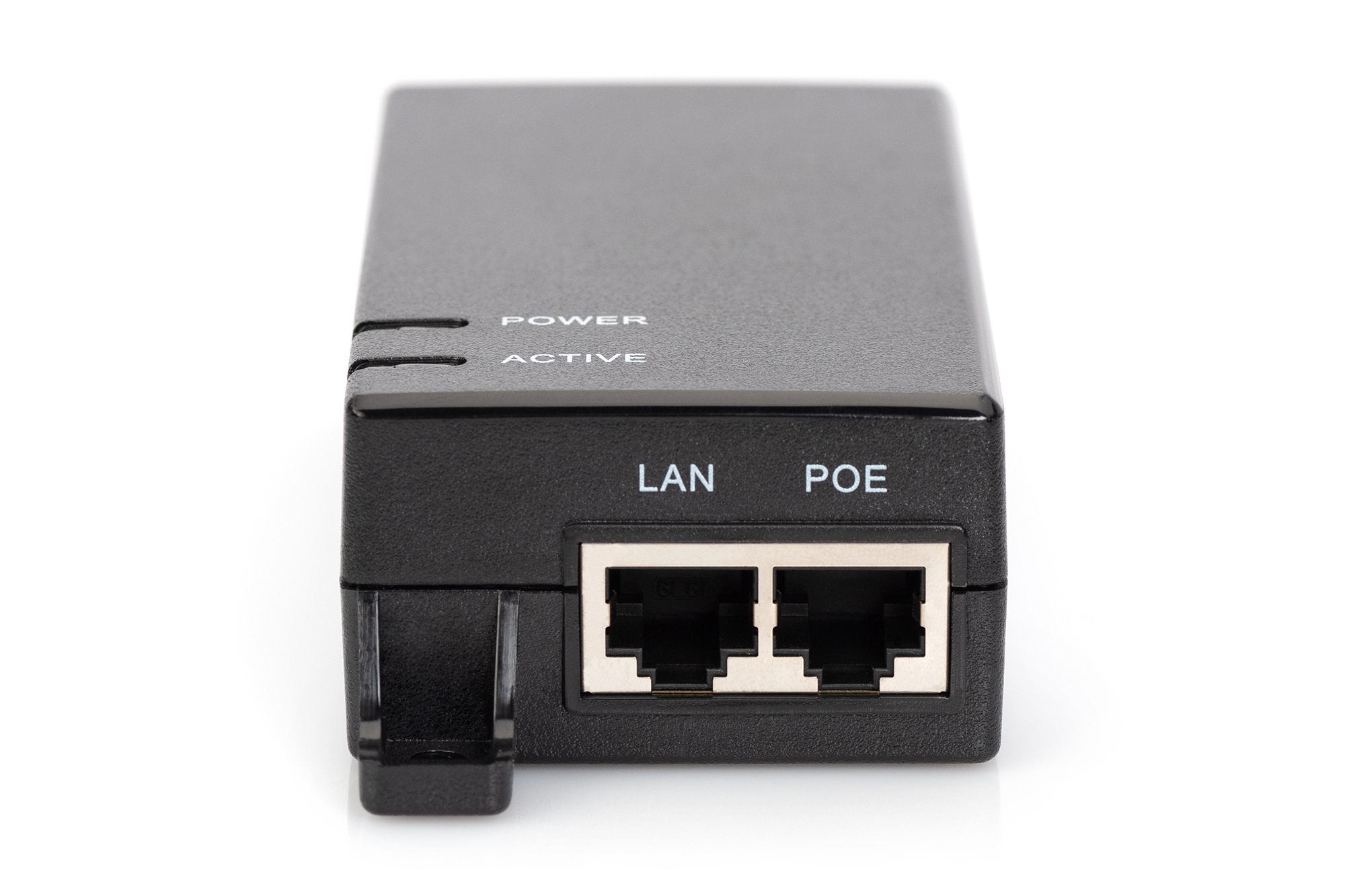 Schwarzer Power-over-Ethernet-Adapter. Power- und Active-Leuchten sind vorne.