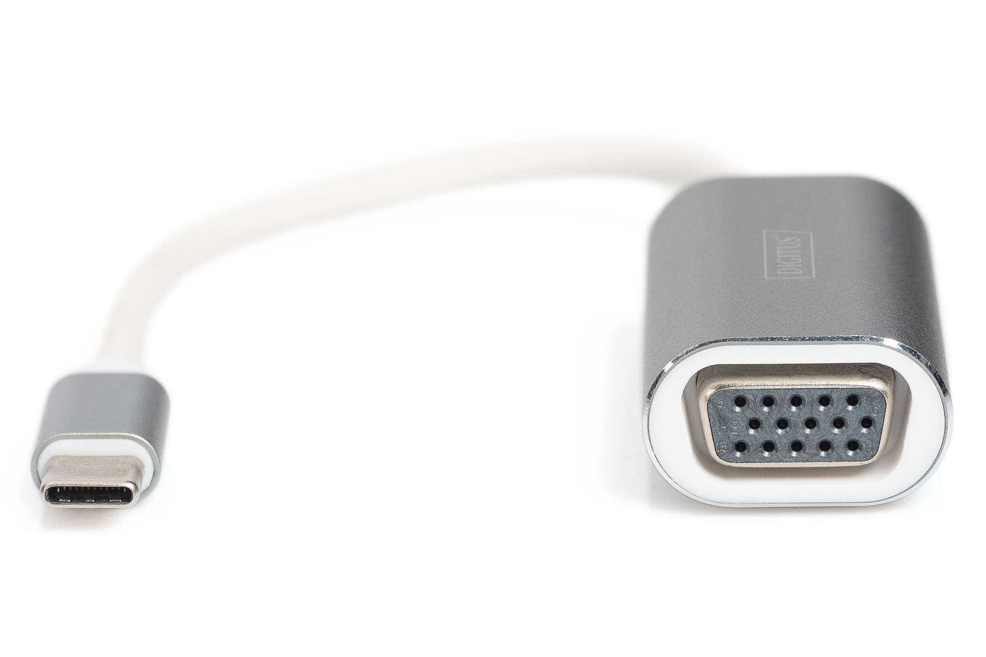 Srebrny adapter USB-C na VGA z białym kablem na białym tle.