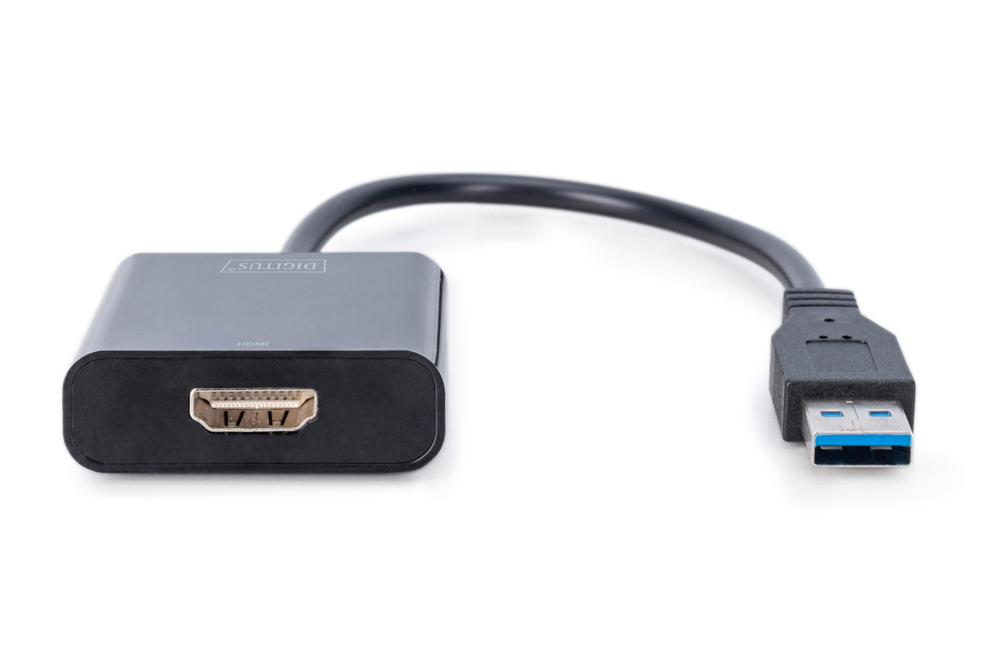 Adaptador HDMI a USB con cabezal rectangular negro y conector USB sobre fondo blanco.