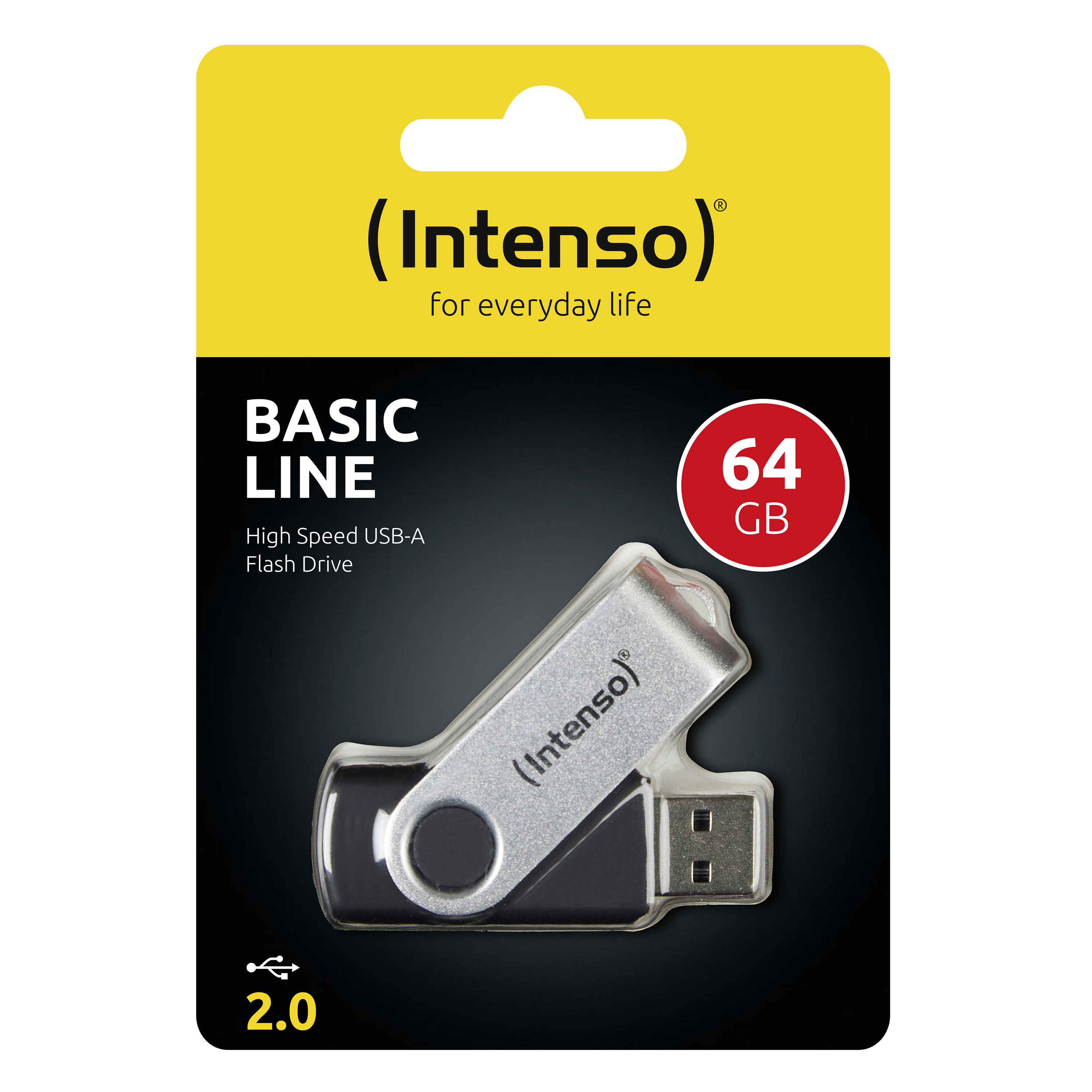 Pendrive w opakowaniu, czarny i srebrny. Etykieta 'Basic Line' i '64 GB'.