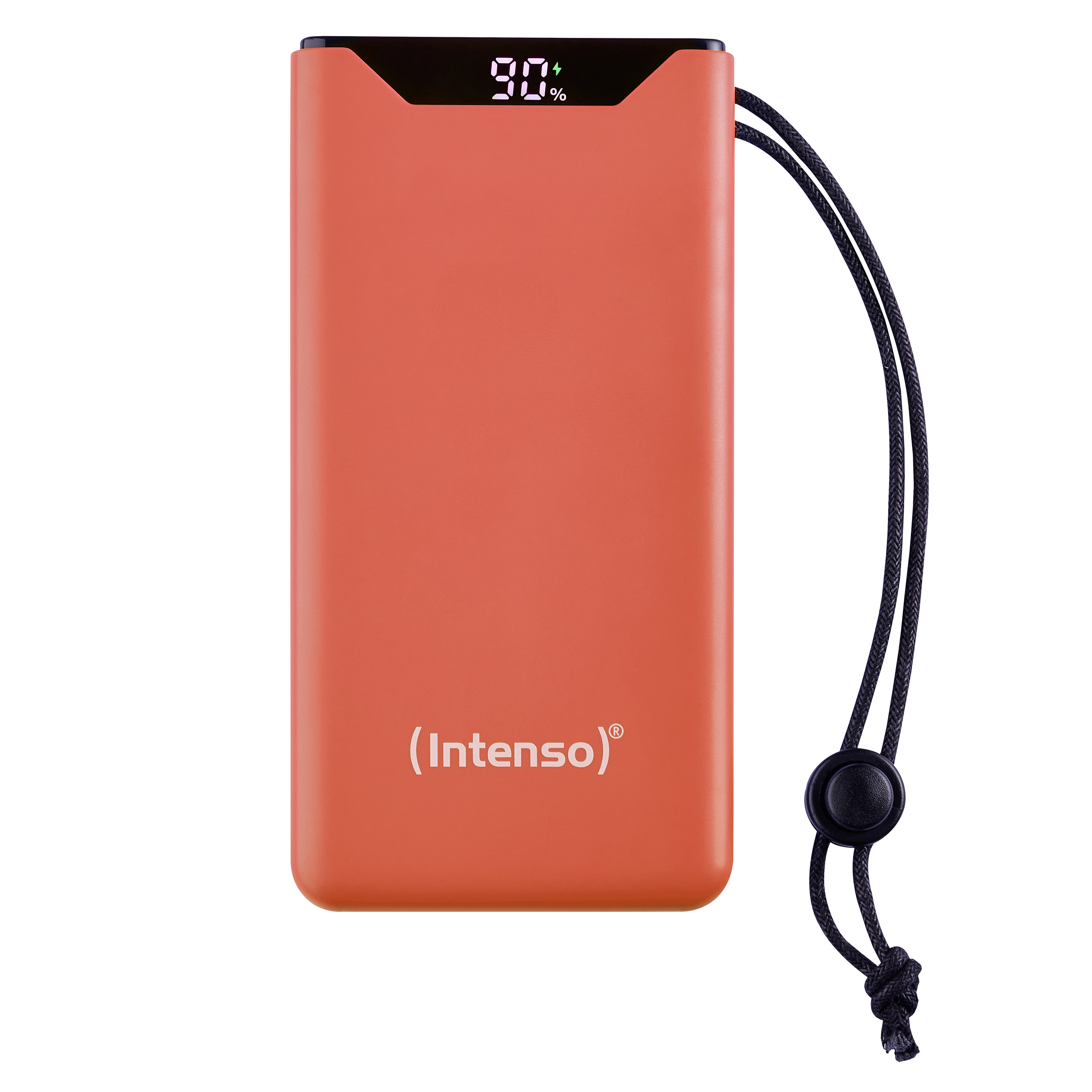 Batterie externe orange avec 90% de charge, cordon noir, bouton. Fond blanc.