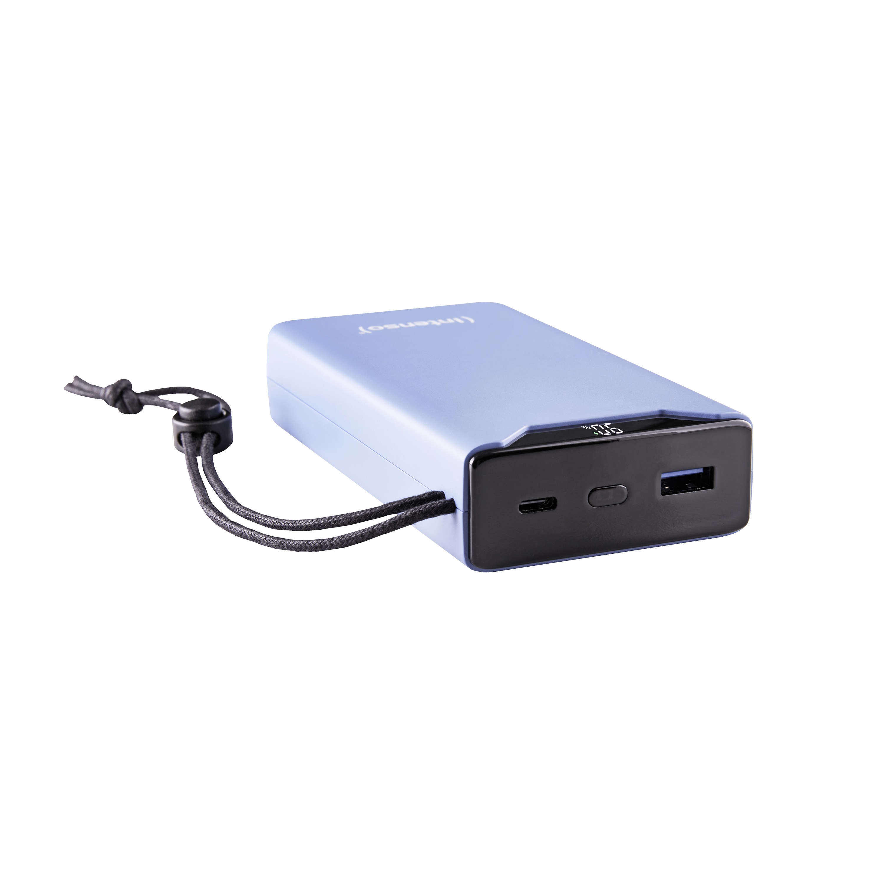 Un power bank color lavanda con cavi neri e un display digitale che mostra il 50% di carica.