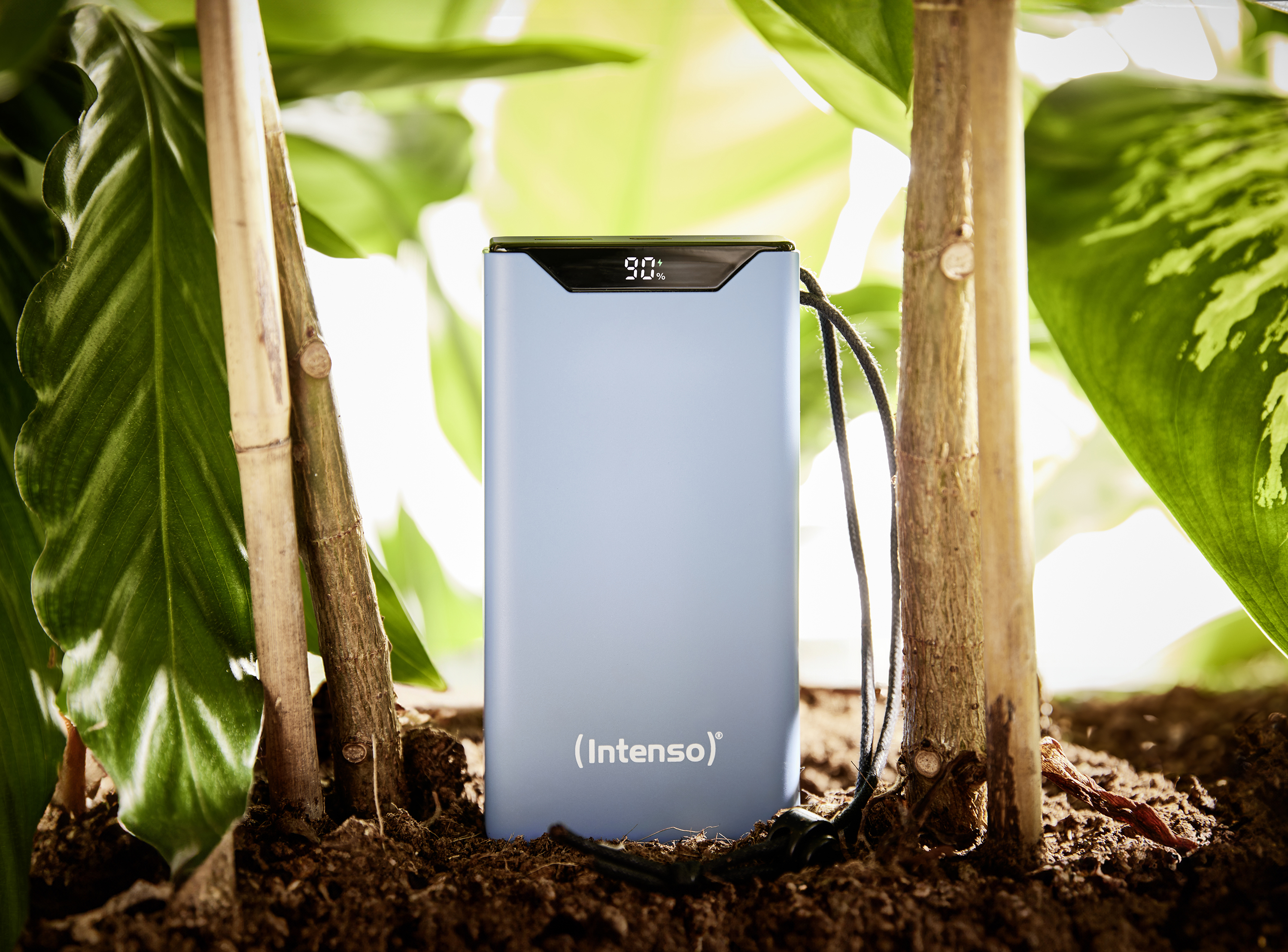 Un power bank azzurro con un display che mostra il 90%. Il power bank è nel terreno con piante intorno.