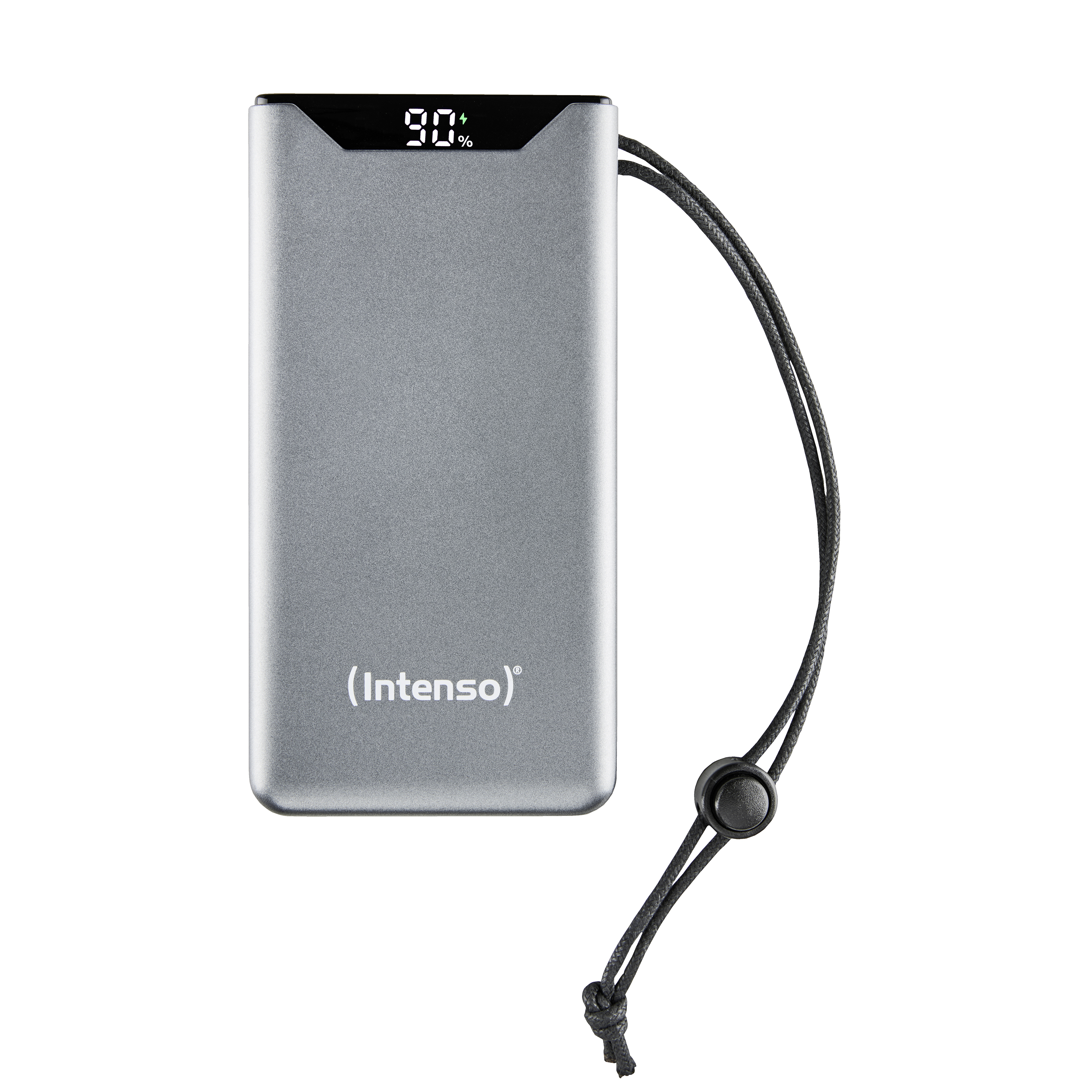 Power bank argento con display digitale che mostra il 90% di carica.