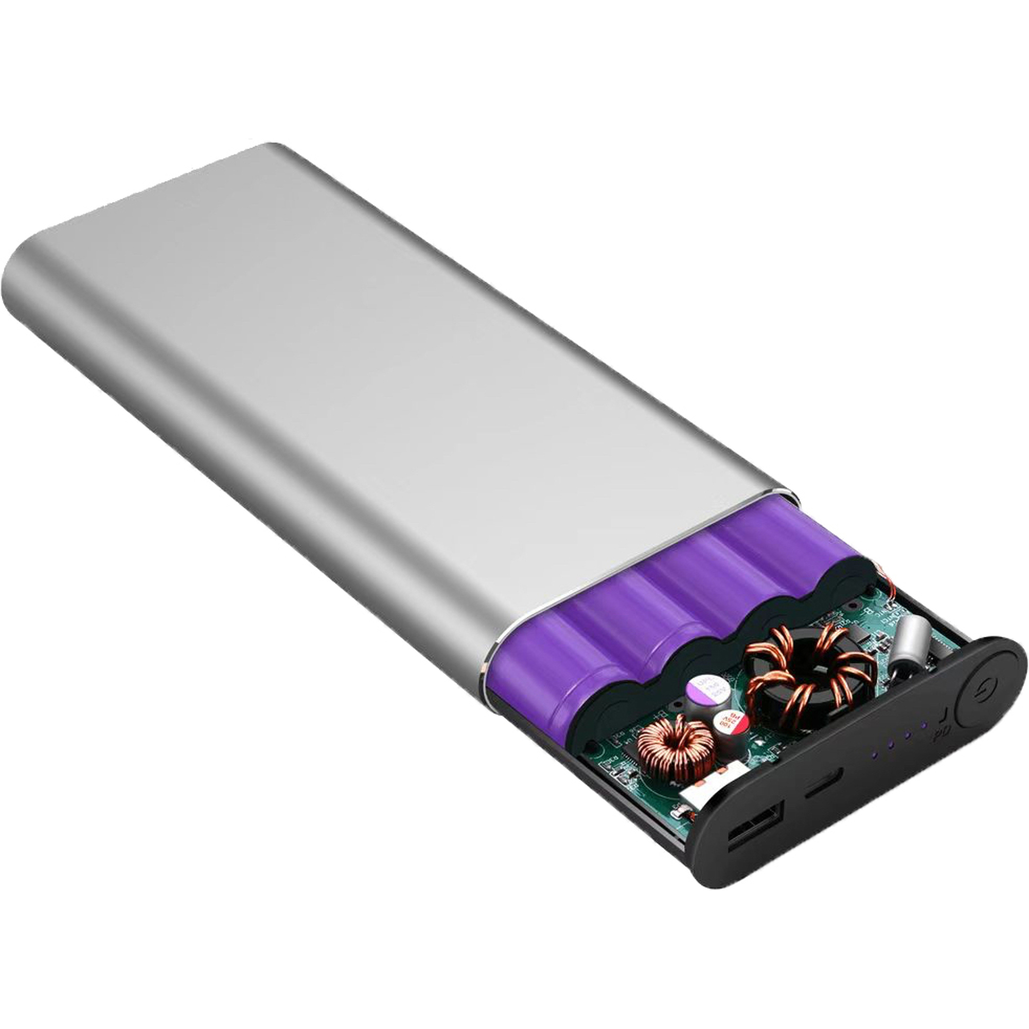 Silberne Powerbank geöffnet, zeigt lila Batterien und interne Komponenten. Schwarzer USB-Anschluss und Power-Taste.