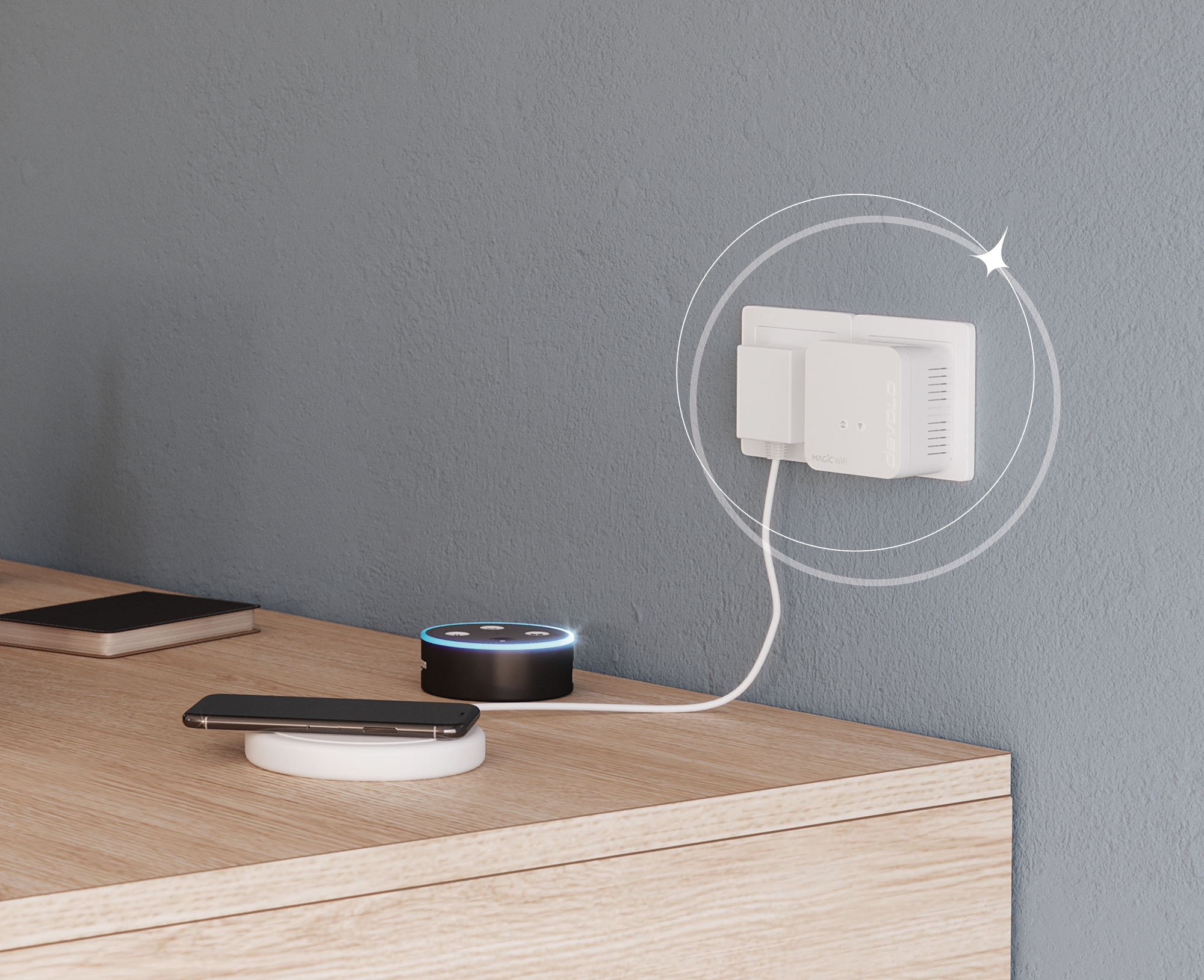 Inteligentne gniazdo na ścianie, z głośnikiem inteligentnym i telefonem na drewnianym biurku.