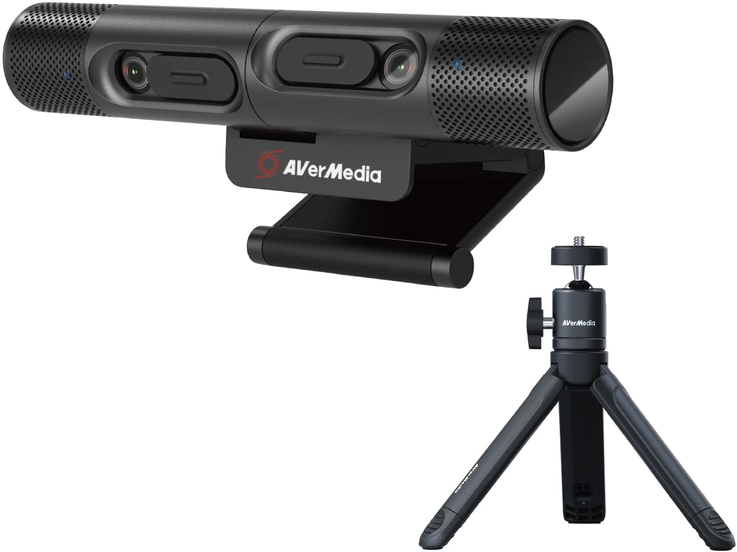 Webcam AverMedia noire avec deux caméras et un trépied, sur fond blanc.