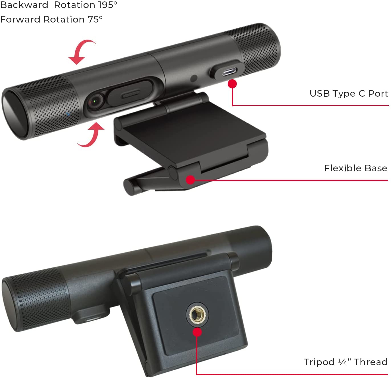 Webcam noire avec base flexible et port USB.