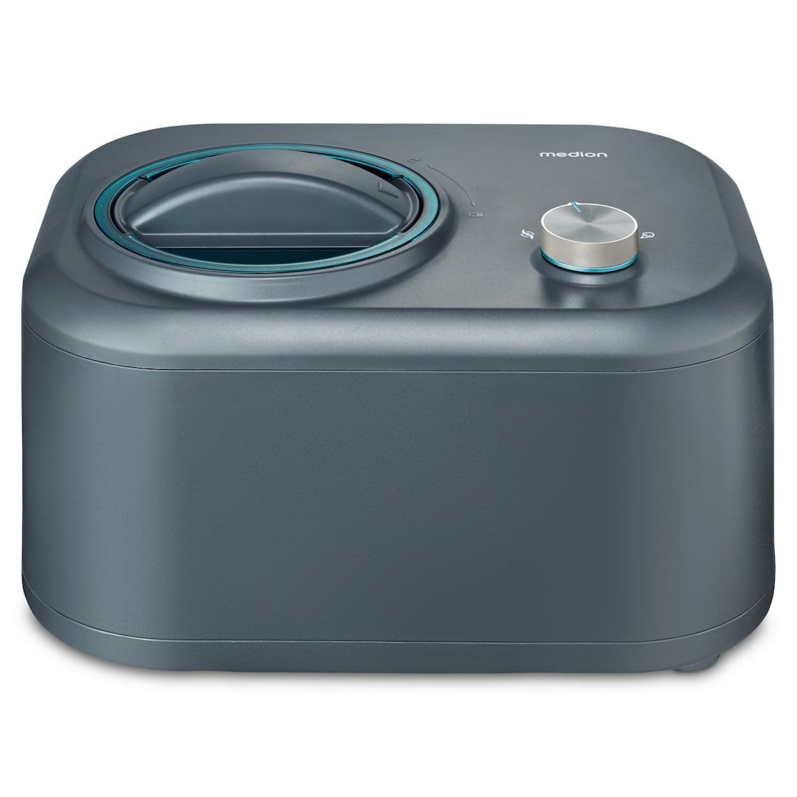 Szary elektryczny podgrzewacz do wosku z niebieskim wewnętrznym pierścieniem i srebrną tarczą na białym tle.