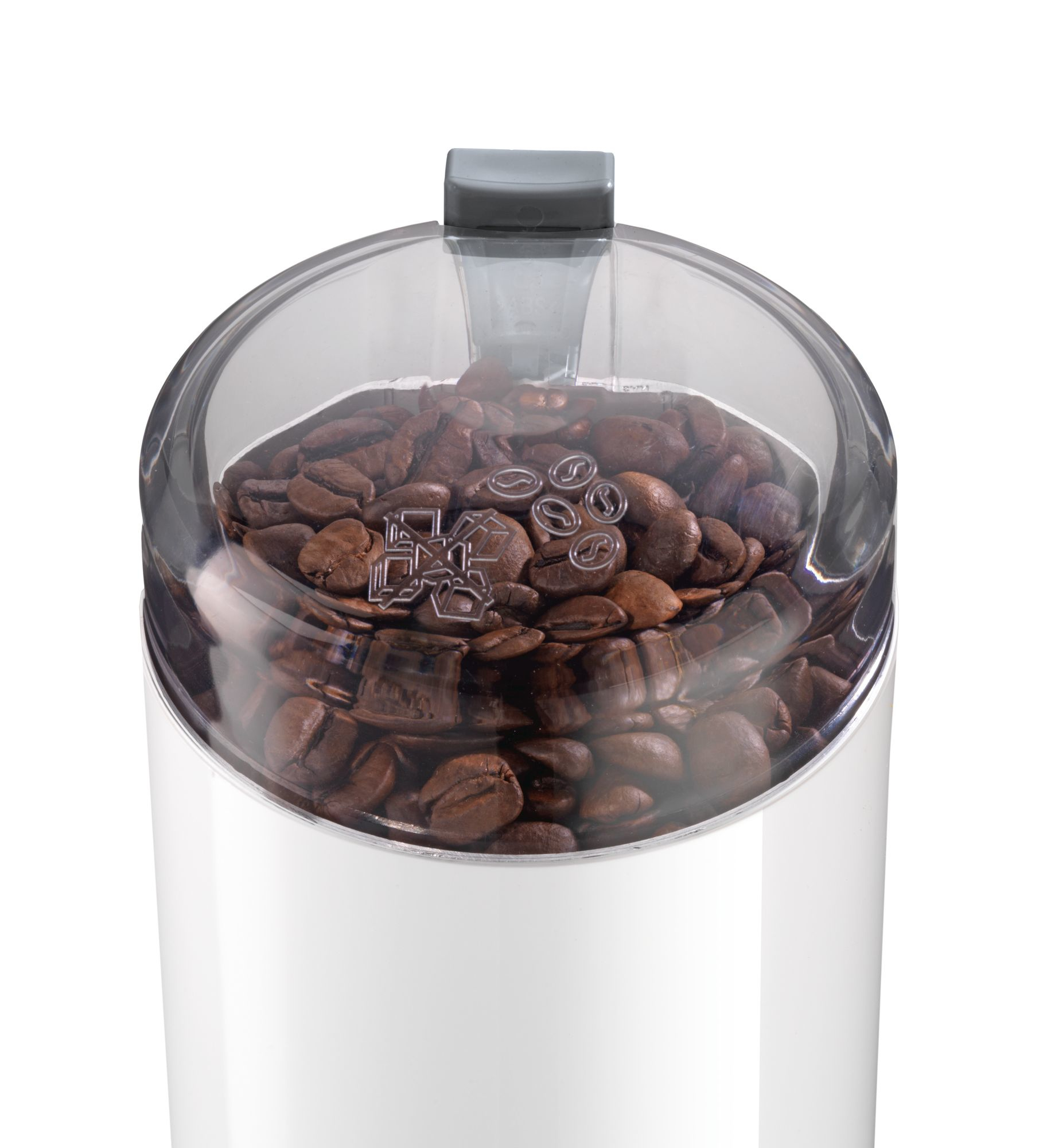 Coffee grinder with visible coffee beans. Clear top shows beans inside, white base.