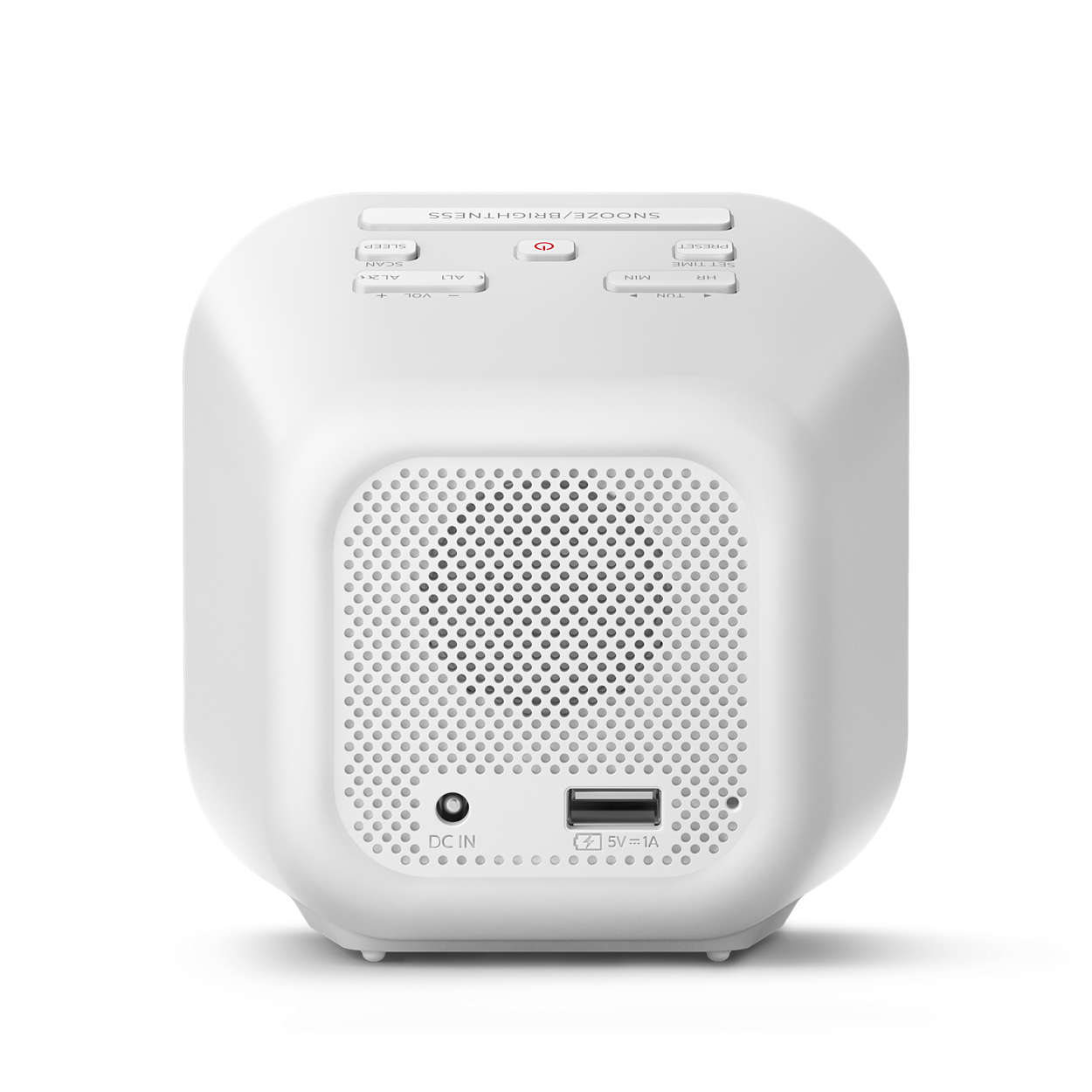 Despertador blanco en forma de cubo con botones y altavoz. Puertos USB y CC visibles.