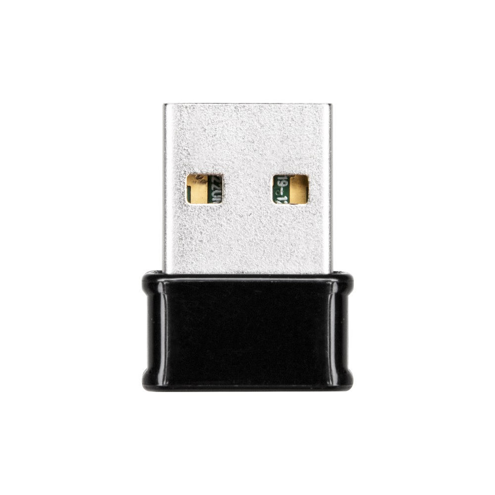 A silver USB adapter with black accents. The USB connector has two visible pins.