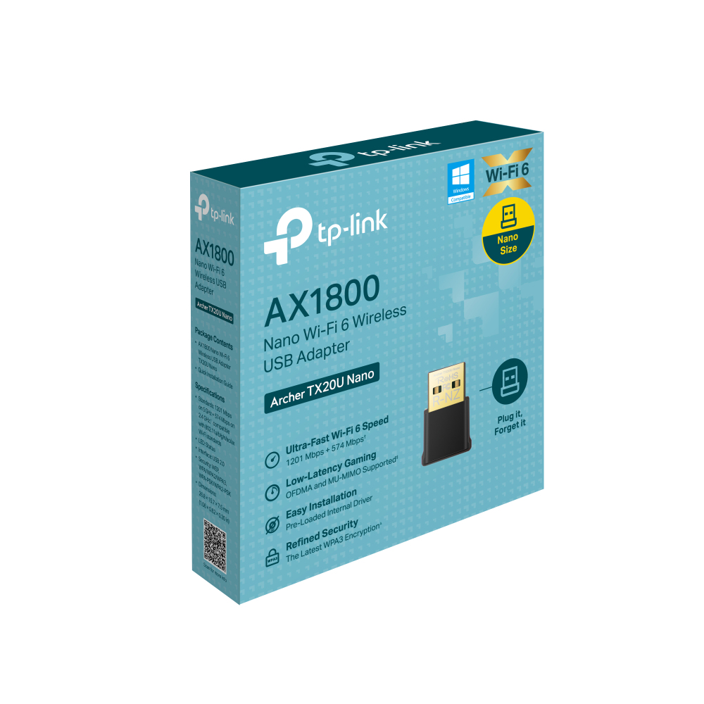Boxed TP-Link AX1800 USB adapter, white background.
