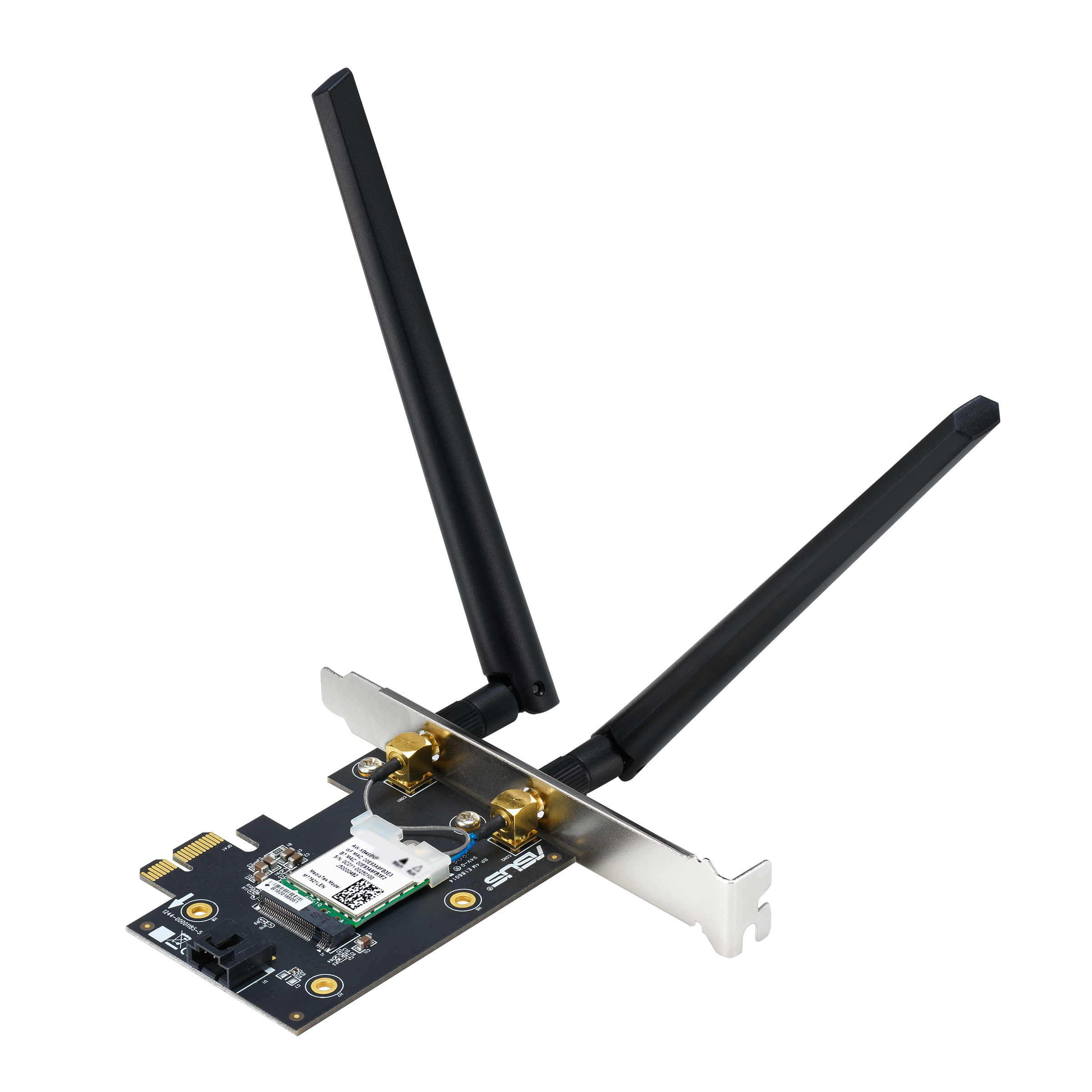 Una tarjeta Wi-Fi Asus negra con dos antenas, aislada sobre fondo blanco.