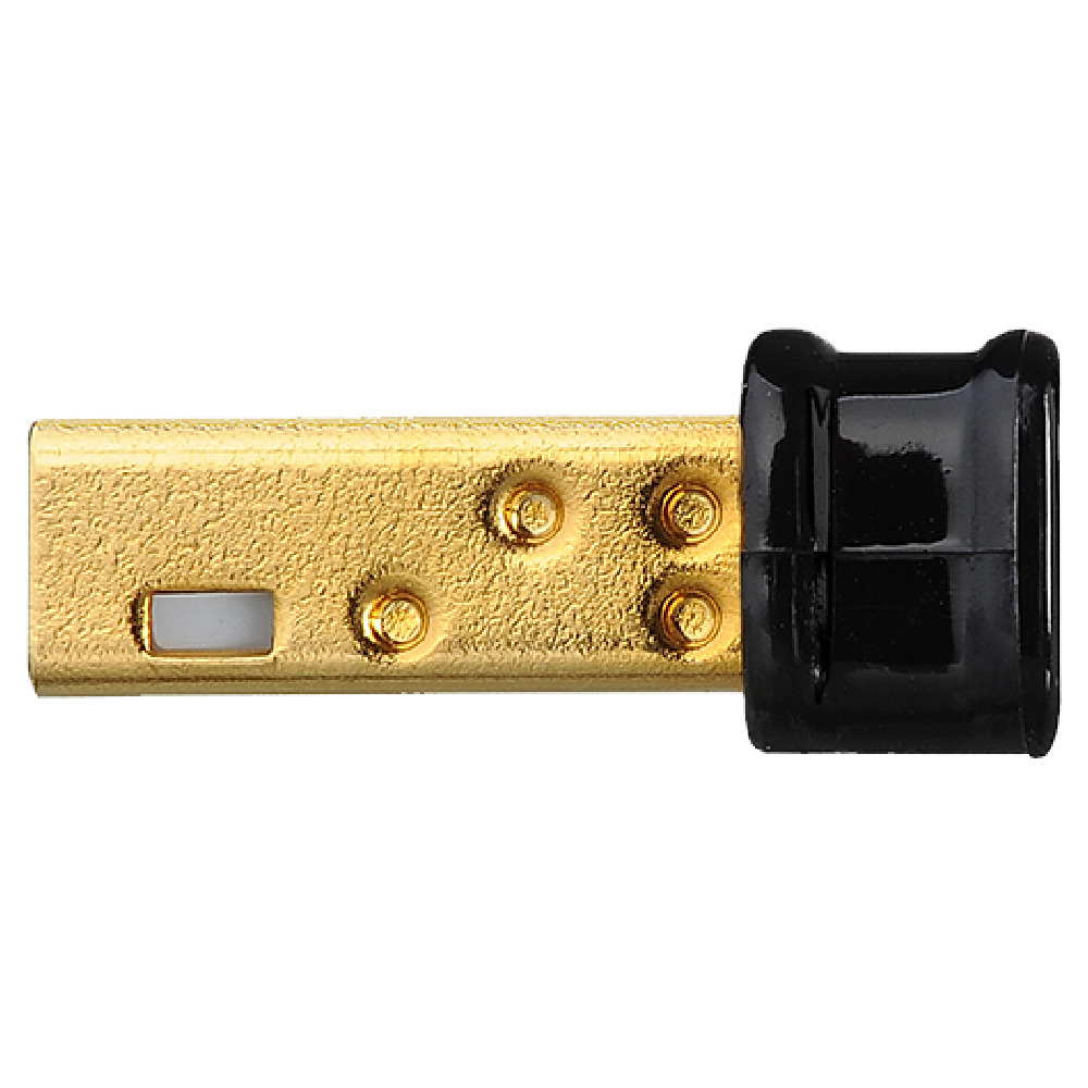 Un primo piano di un connettore USB color oro con alloggiamento in plastica nera e contatti metallici.