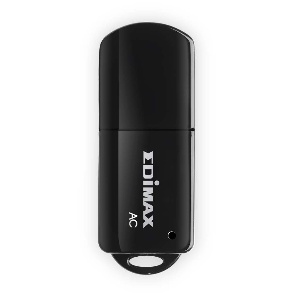 A black USB flash drive with 'EDIMAX AC' printed on it, with a loop.