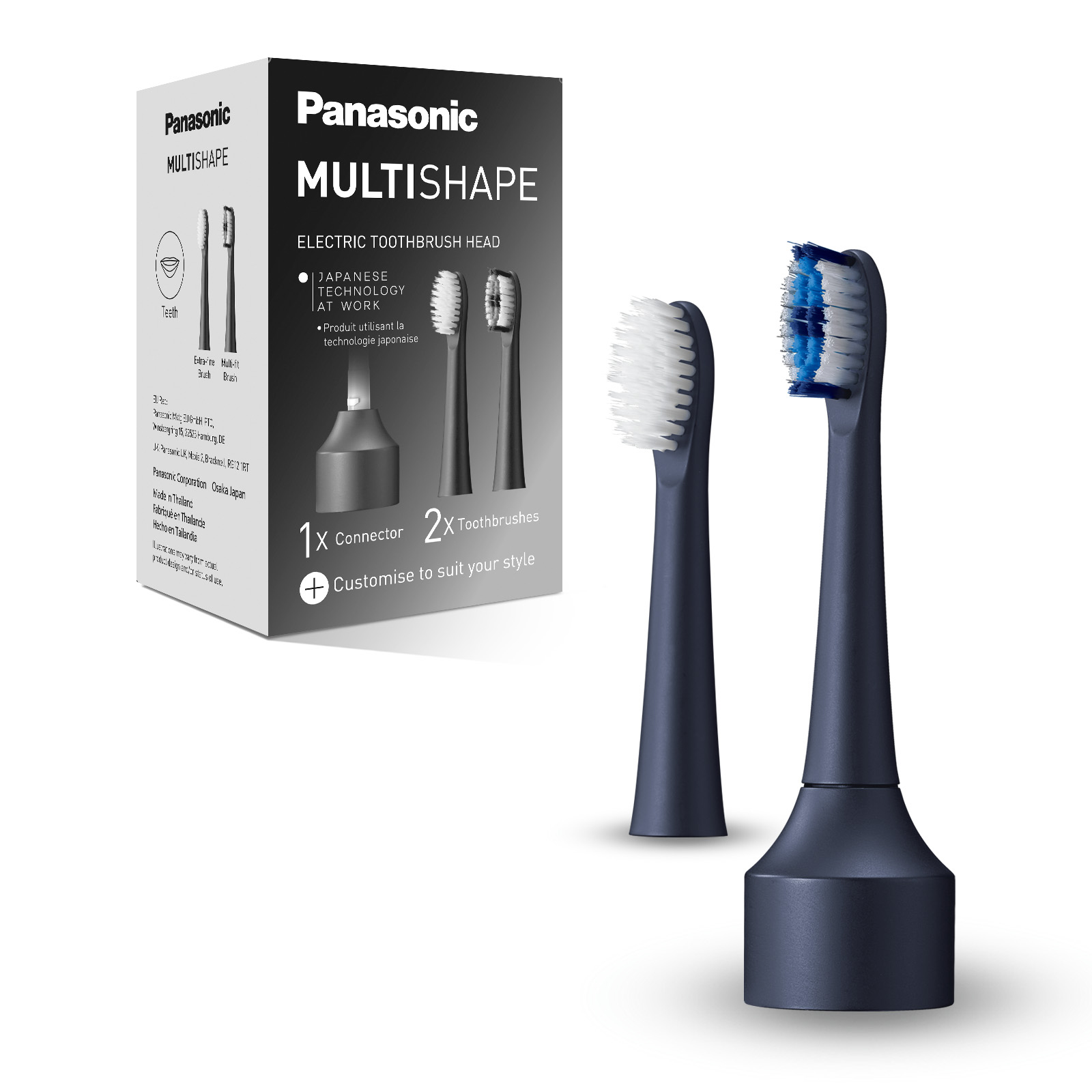 Panasonic elektrische Zahnbürstenköpfe mit einer Box, zwei Köpfen und einem Stecker.