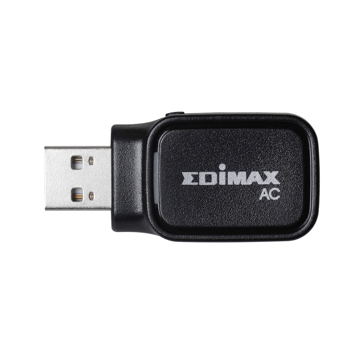 Schwarzer USB-Adapter mit dem Logo "EDIMAX AC" auf weißem Hintergrund.