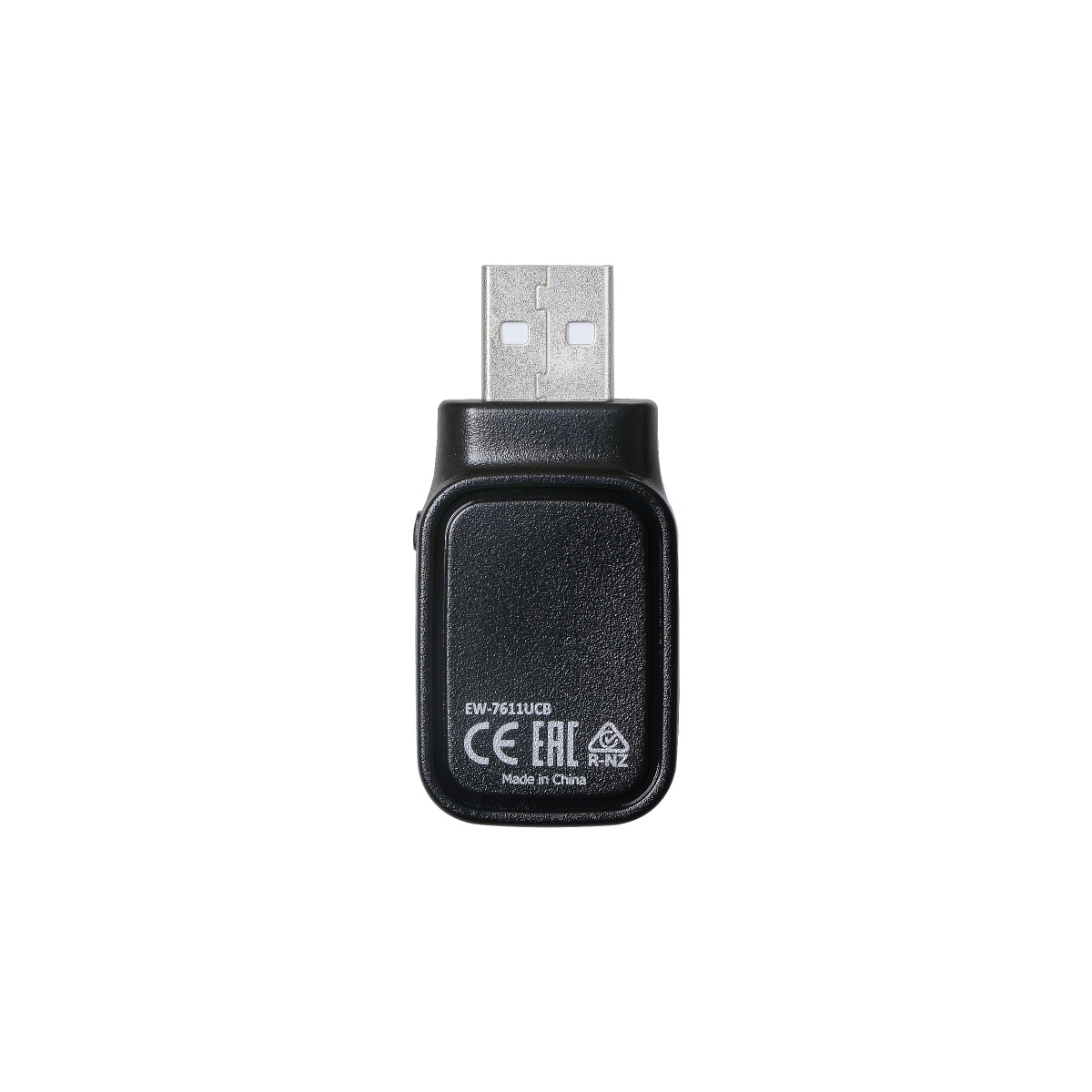 Ein schwarzer USB-Adapter mit weißem Text und USB-Anschluss auf weißem Grund.