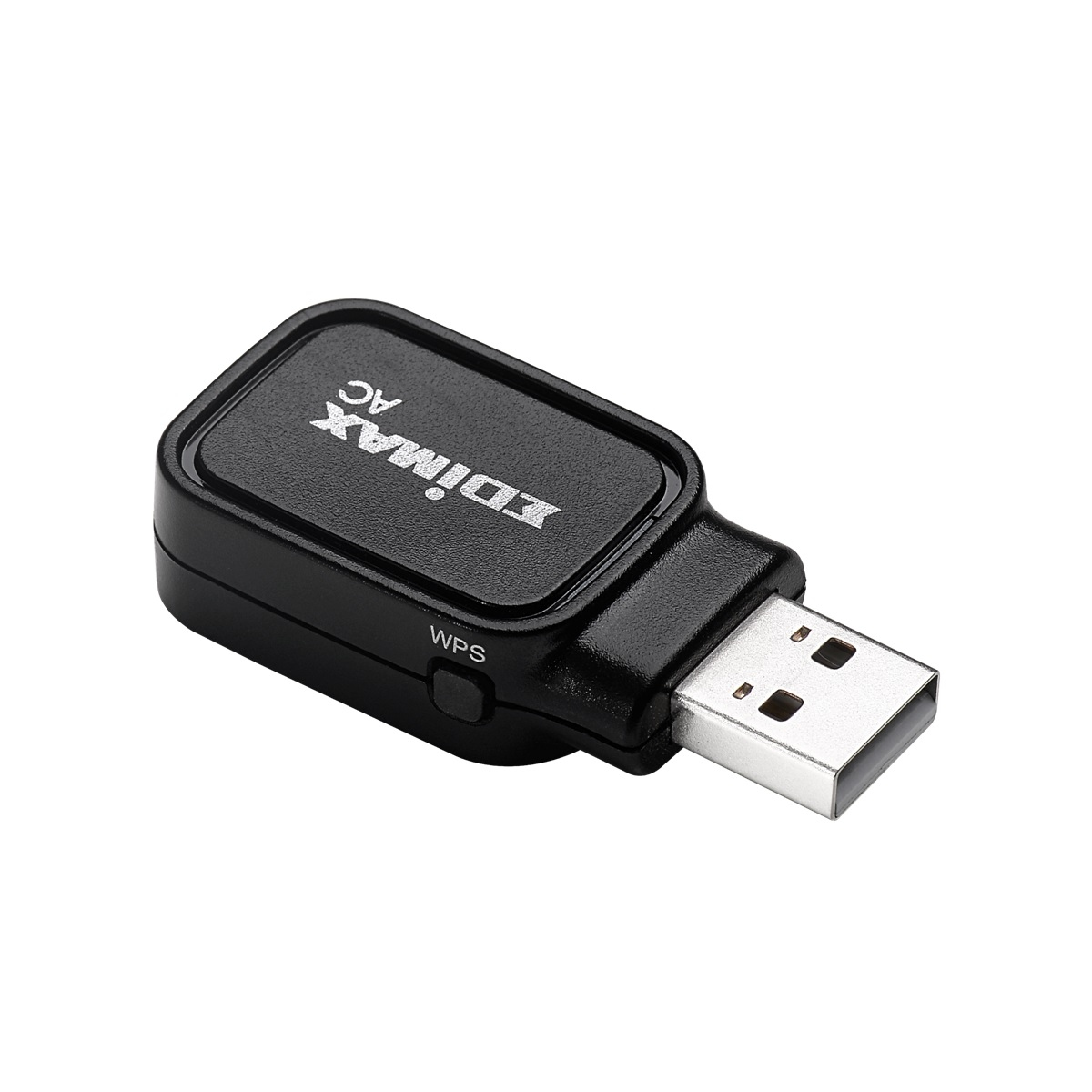 Schwarzer Edimax AC AC USB WiFi-Adapter auf weißem Hintergrund.