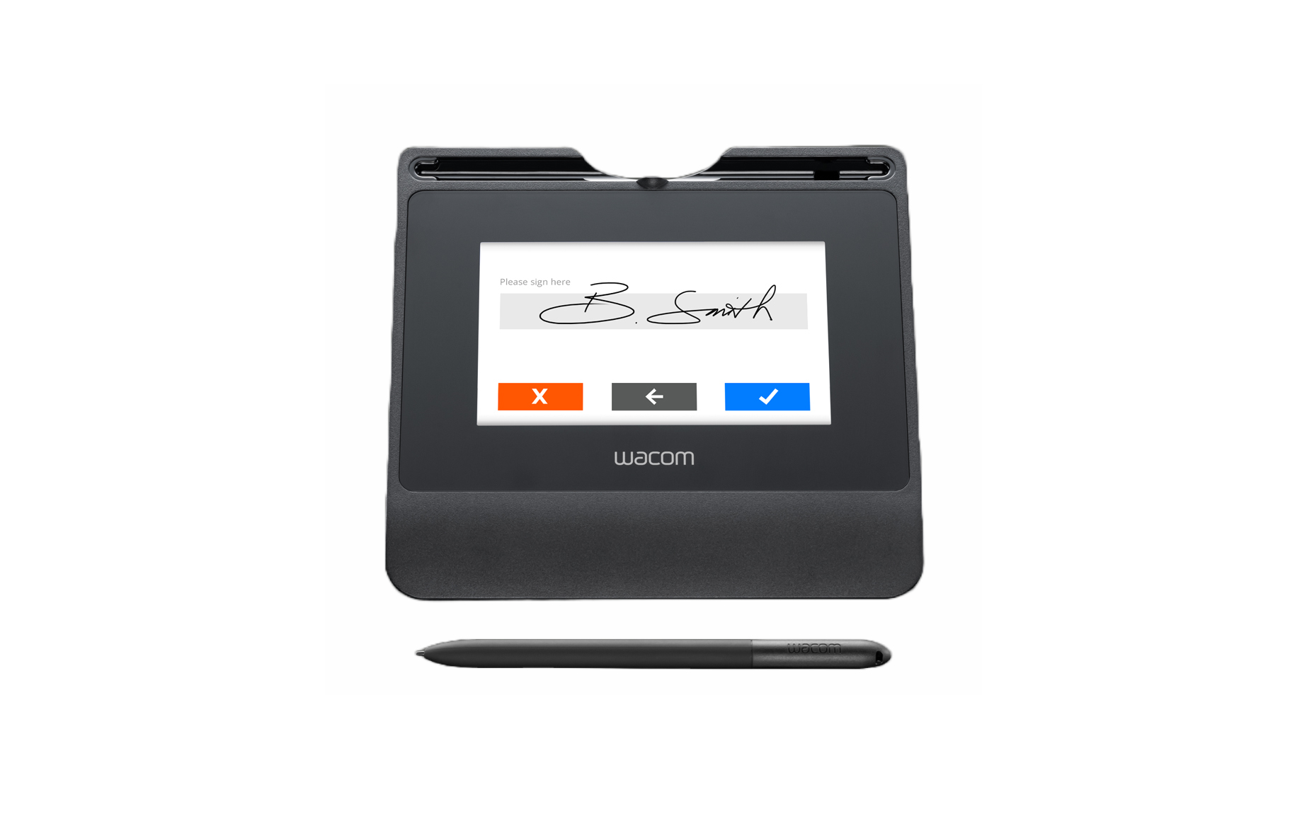 Tablet Wacom nero con stilo. Lo schermo mostra una firma e pulsanti di azione.