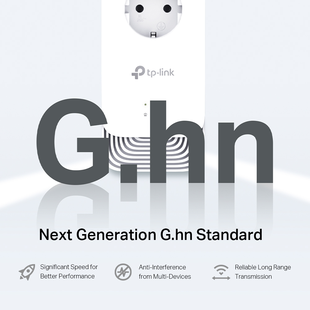 Białe gniazdo z napisem "Next Generation G.hn Standard". Poniżej ikony. Białe tło.