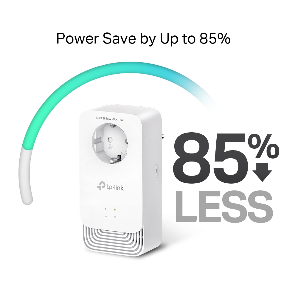 Biały zasilacz TP-Link z wtyczką i 85% mniejszym zużyciem energii, wskazane przez strzałkę i tekst.