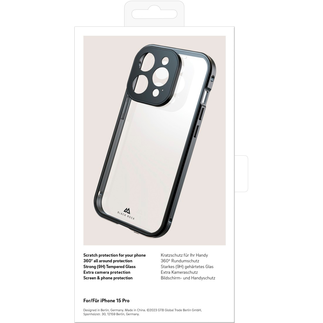 iPhone 15 Pro Handyhülle in einer Box. Klar mit schwarzem Rand. Textdetails über die Hülle und den Schutz.