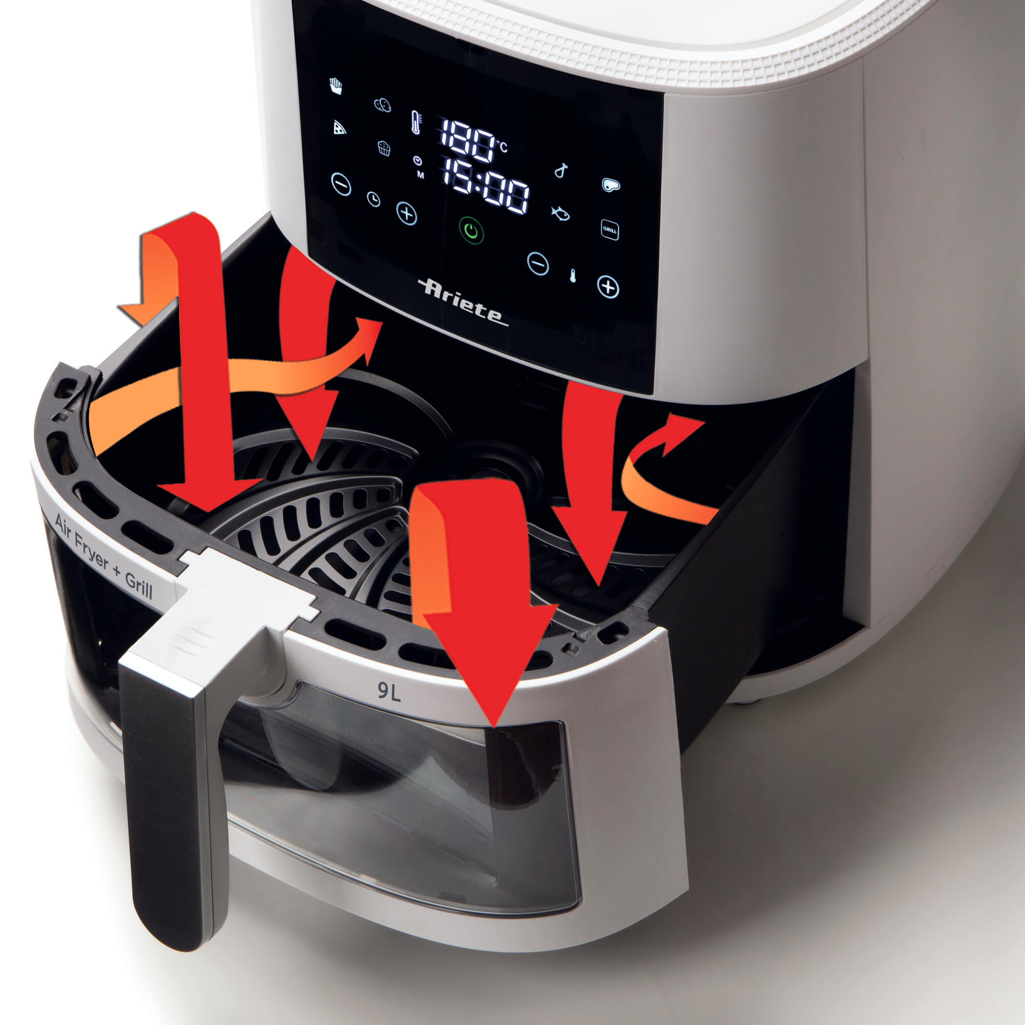 Frytownica powietrzna, biała, z otwartą szufladą pokazującą kosz. Strzałki wskazują przepływ powietrza. Wyświetlacz cyfrowy.