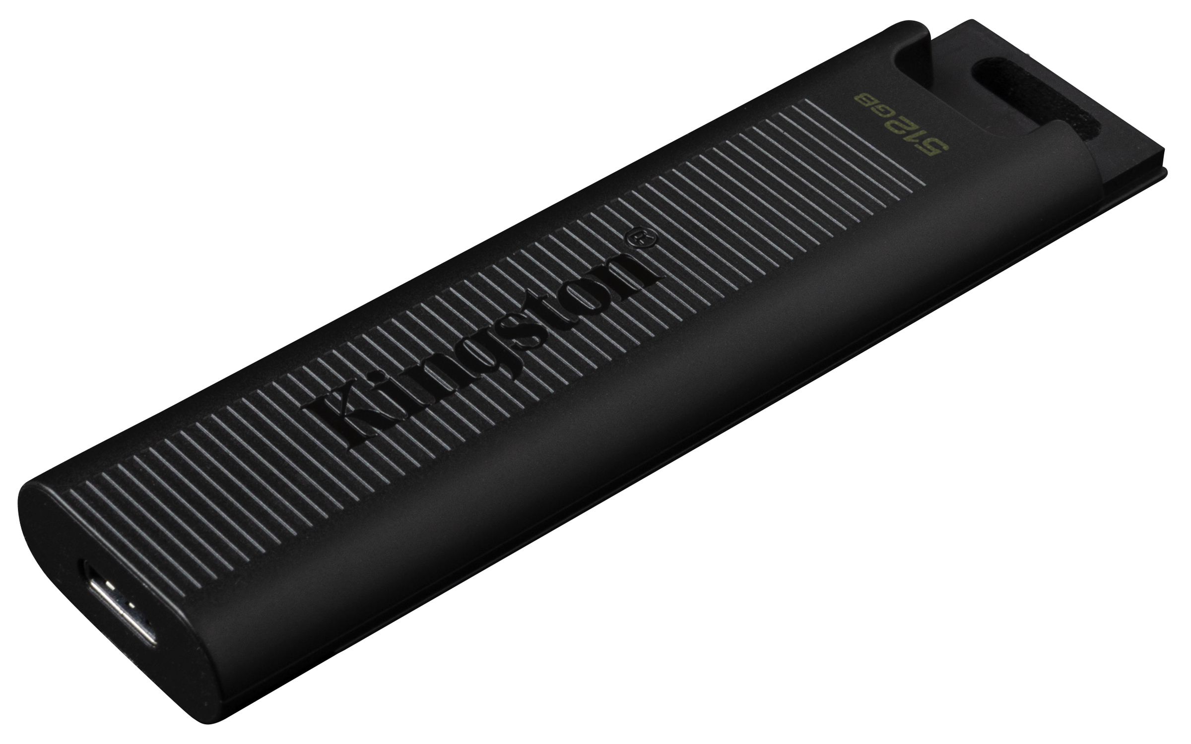 Zwarte USB-stick met tekst: 512 GB. De stick heeft een geribbeld oppervlak.